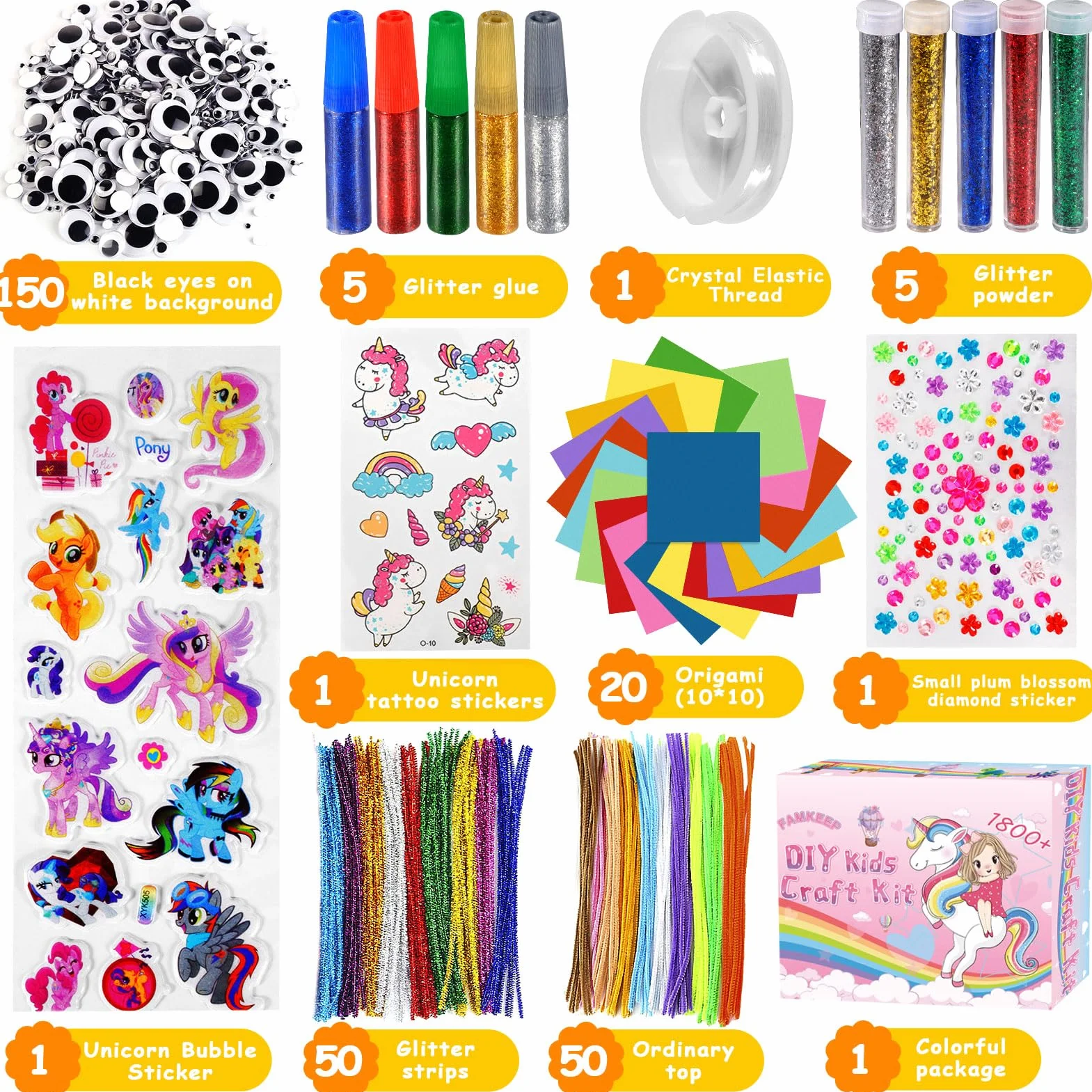 FAMKEEP Zestaw do majsterkowania dla dzieci, 1800 sztuk, sztuka i rękodzieło dla dzieci, akcesoria do majsterkowania, scrapbooking, brokatowe pompony, pióra, guziki, cekiny, perły, prezent, cekiny