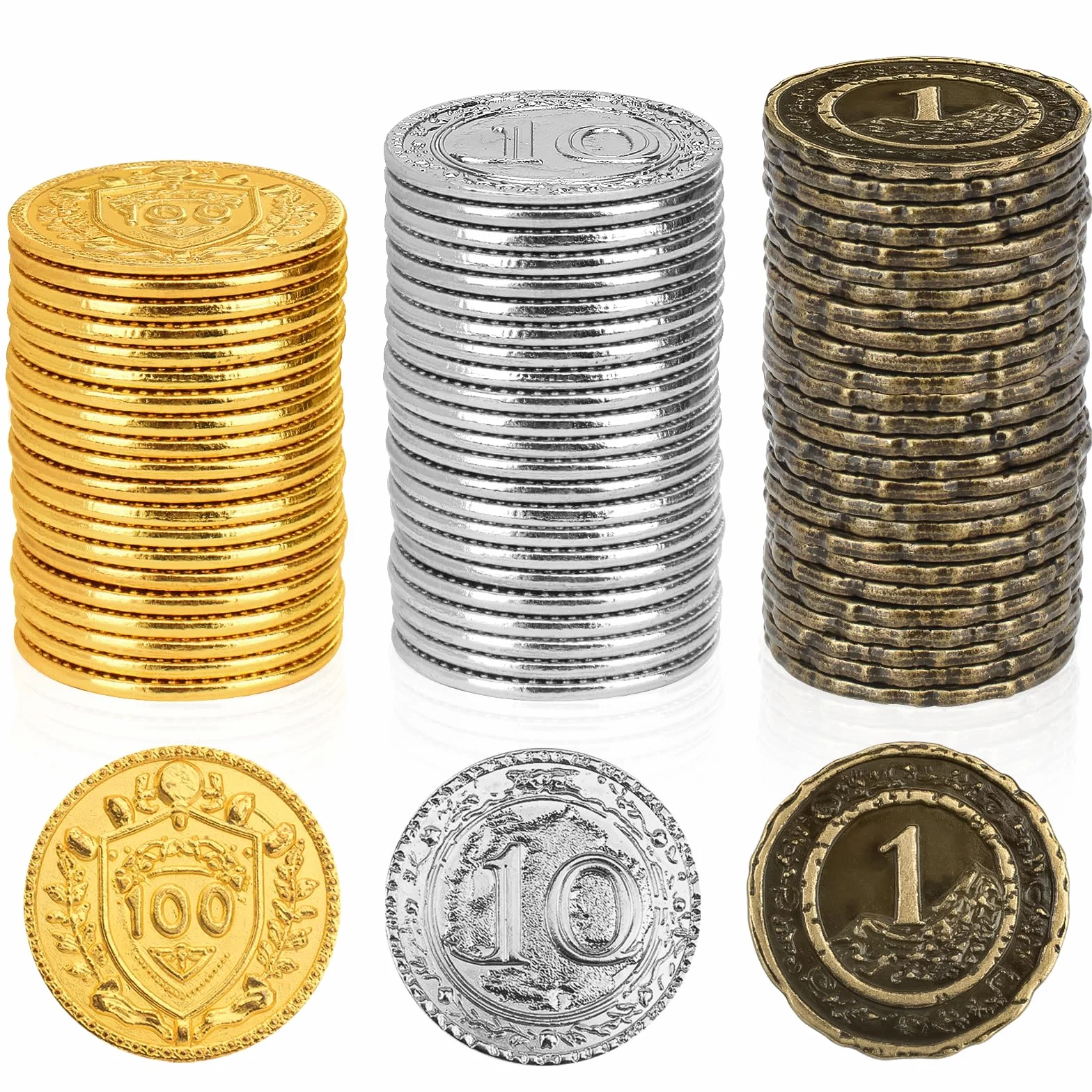 Byhoo 150 metalowych monet DND, 1,2", złote, srebrne, miedziane, o wartości nominalnej, do gry planszowej i RPG, Fantasy metalowe monety dla piratów, do zabawy, na imprezę, cosplay