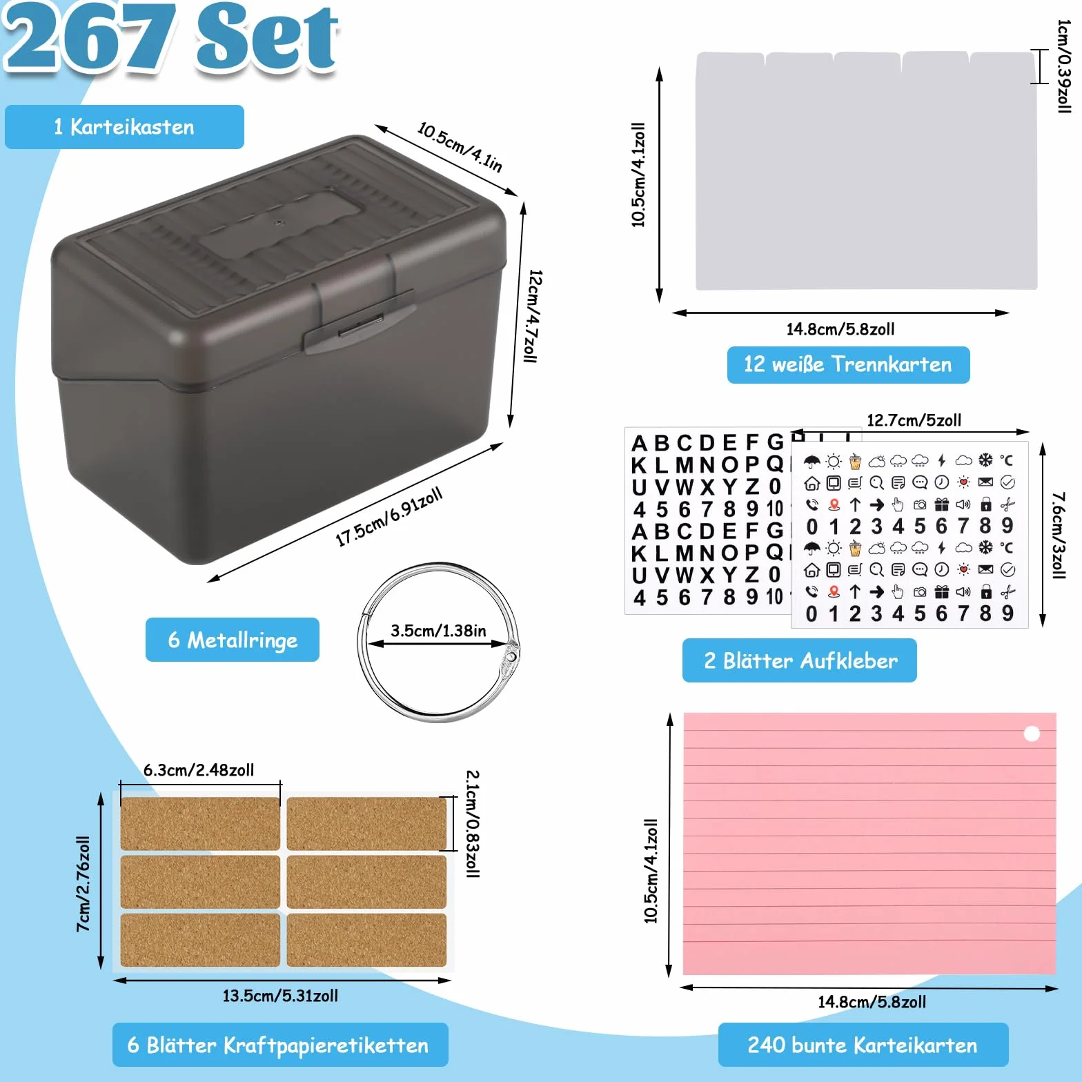 Pudełko na fiszki A6, 17,5 x 10,5 x 12 cm, w zestawie 240 A6, kolorowe, 12 zakładek, 6 pierścieni, 2 naklejki, 6 etykiet dla studentów, notatek