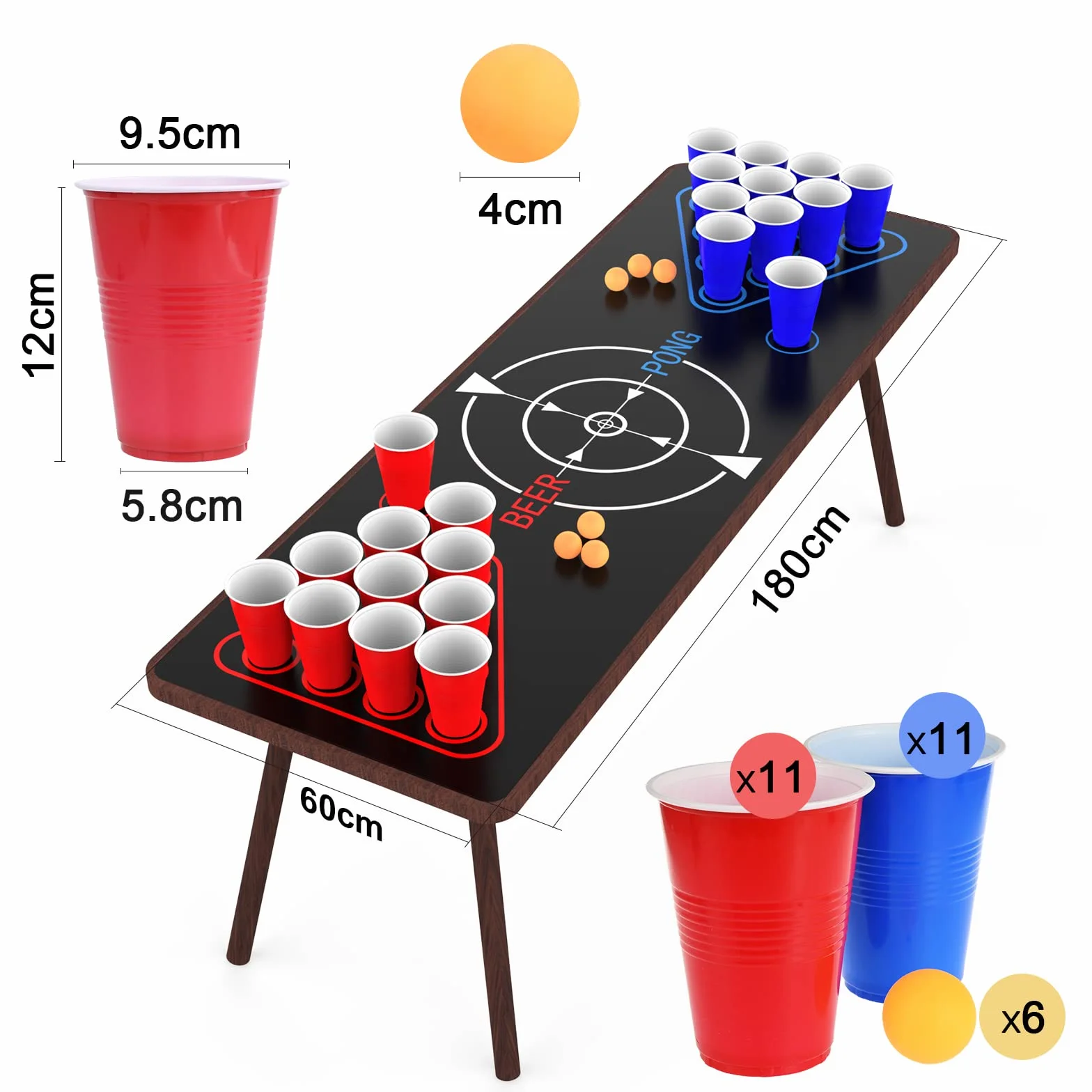 Faburo Mata do Beer Pong 180 x 61 cm Zestaw z 22 Kubkami i 6 Piłkami