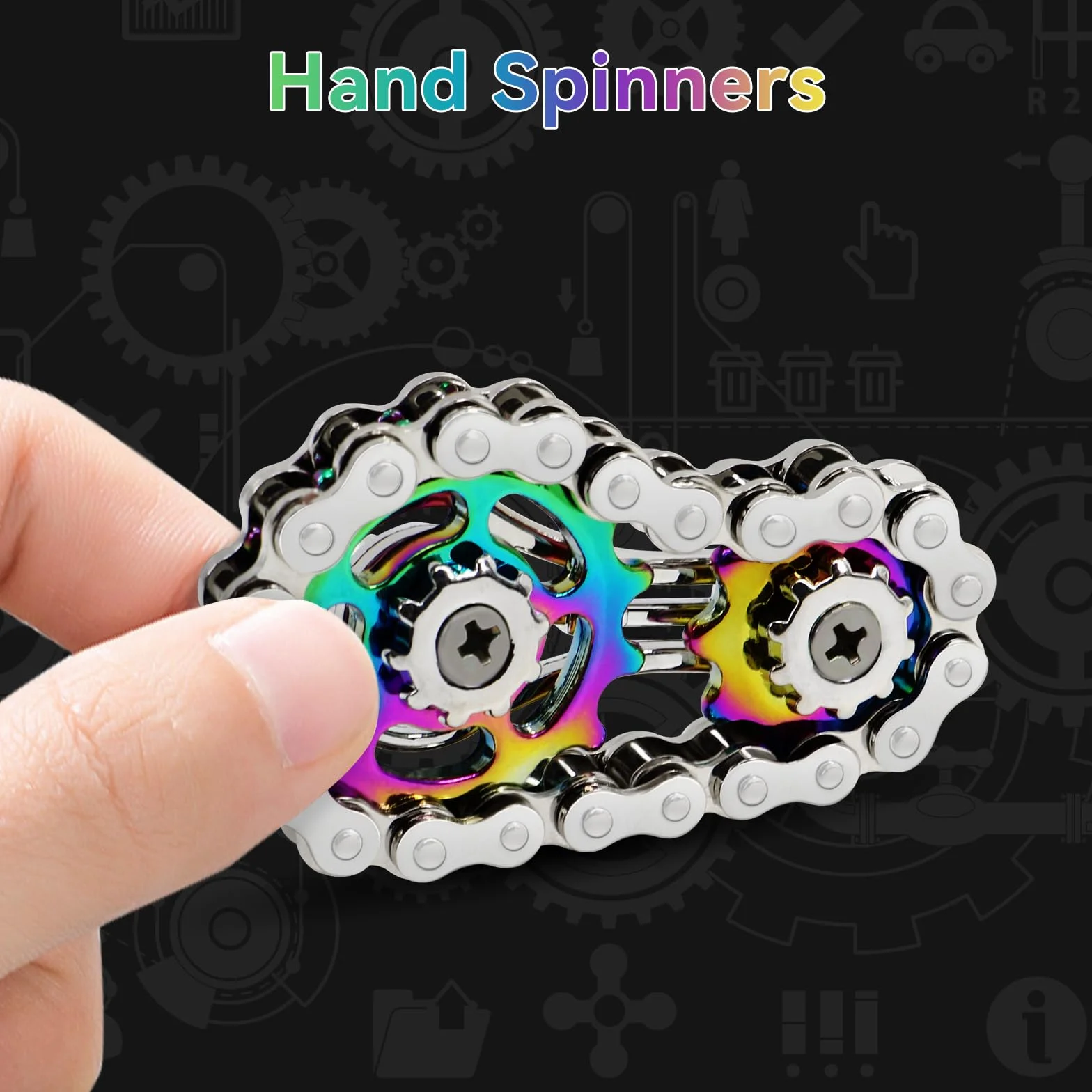 Metalowe zabawki typu fidget, zabawka fidget z łańcuchem rowerowym z 2 biegami, gadżety do redukcji lęku, ręczne spinnery dla dorosłych (srebrny + kolor)