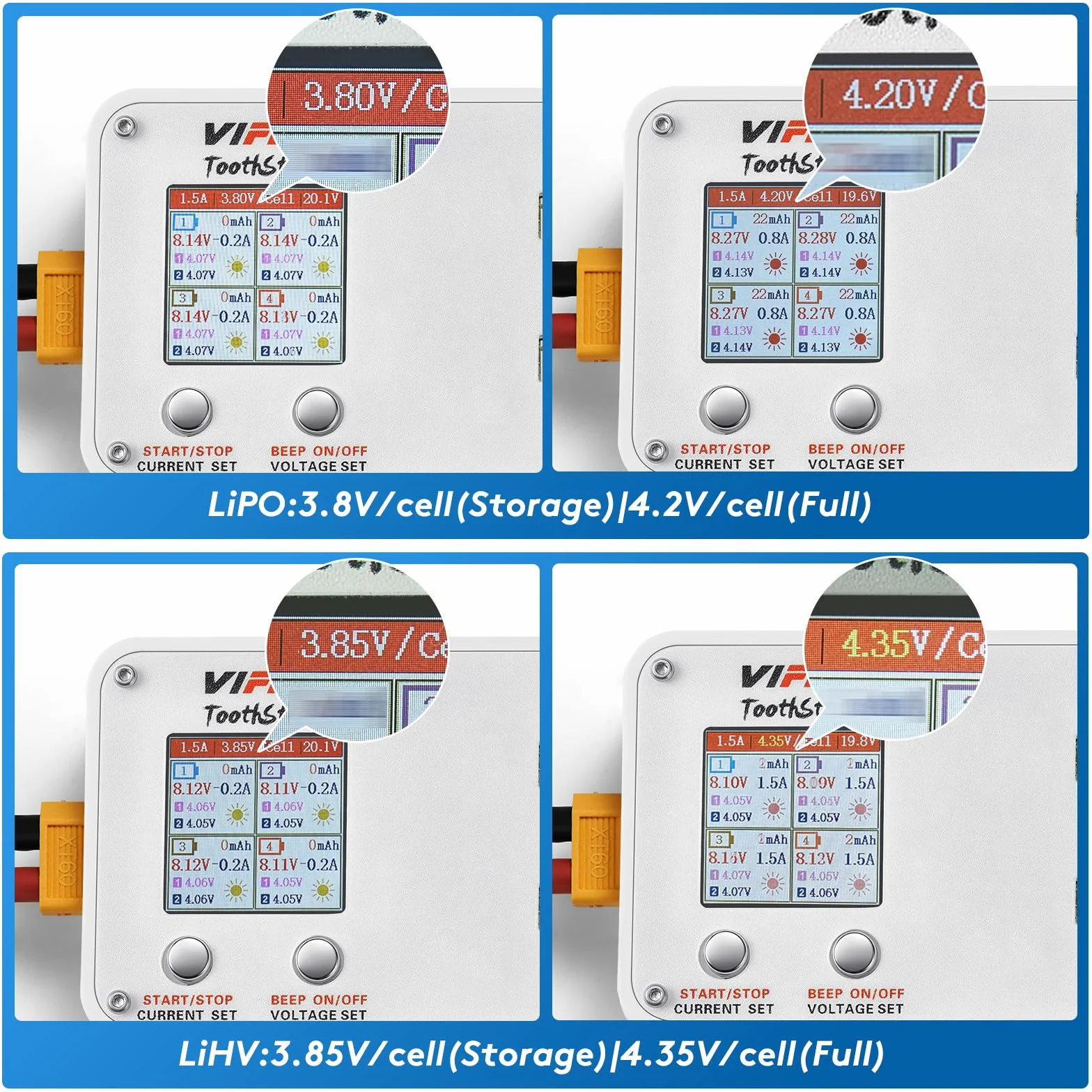 VIFLY ToothStor 4-portowa ładowarka 2S LiPo Balance z trybem przechowywania