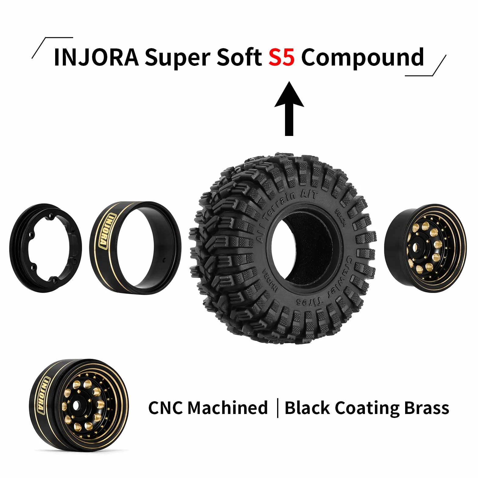 INJORA Czarna powłoka mosiężna 1.0 Beadlock zestaw kół z oponami do Axial SCX24 AX24 TRX4M FCX24 1/24 1/18 RC Crawler