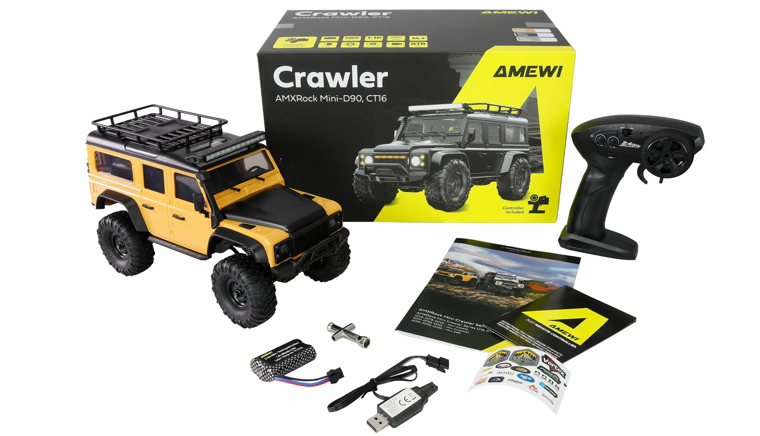 Amewi AMXRock Mini-D90 Scale Crawler 4WD 1:16 RTR żółty z pilotem zdalnego sterowania, akumulatorem, kablem do ładowania