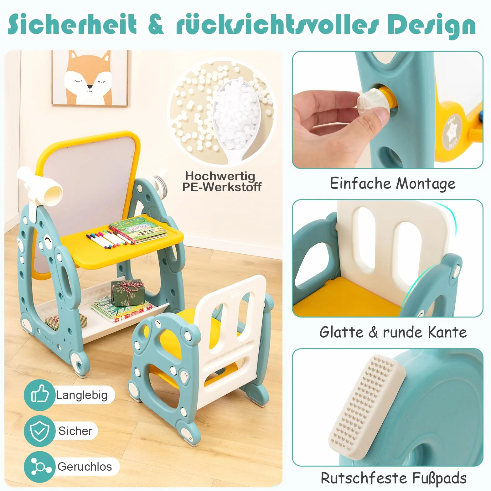 GOPLUS 4 w 1 Tablica dla dzieci z krzesłem, biurko do rysowania z magnetyczną tablicą, przestrzeń do przechowywania, regulowany teleskop i gra w pierścienie, regulowany w wysokości stolik dla dzieci w