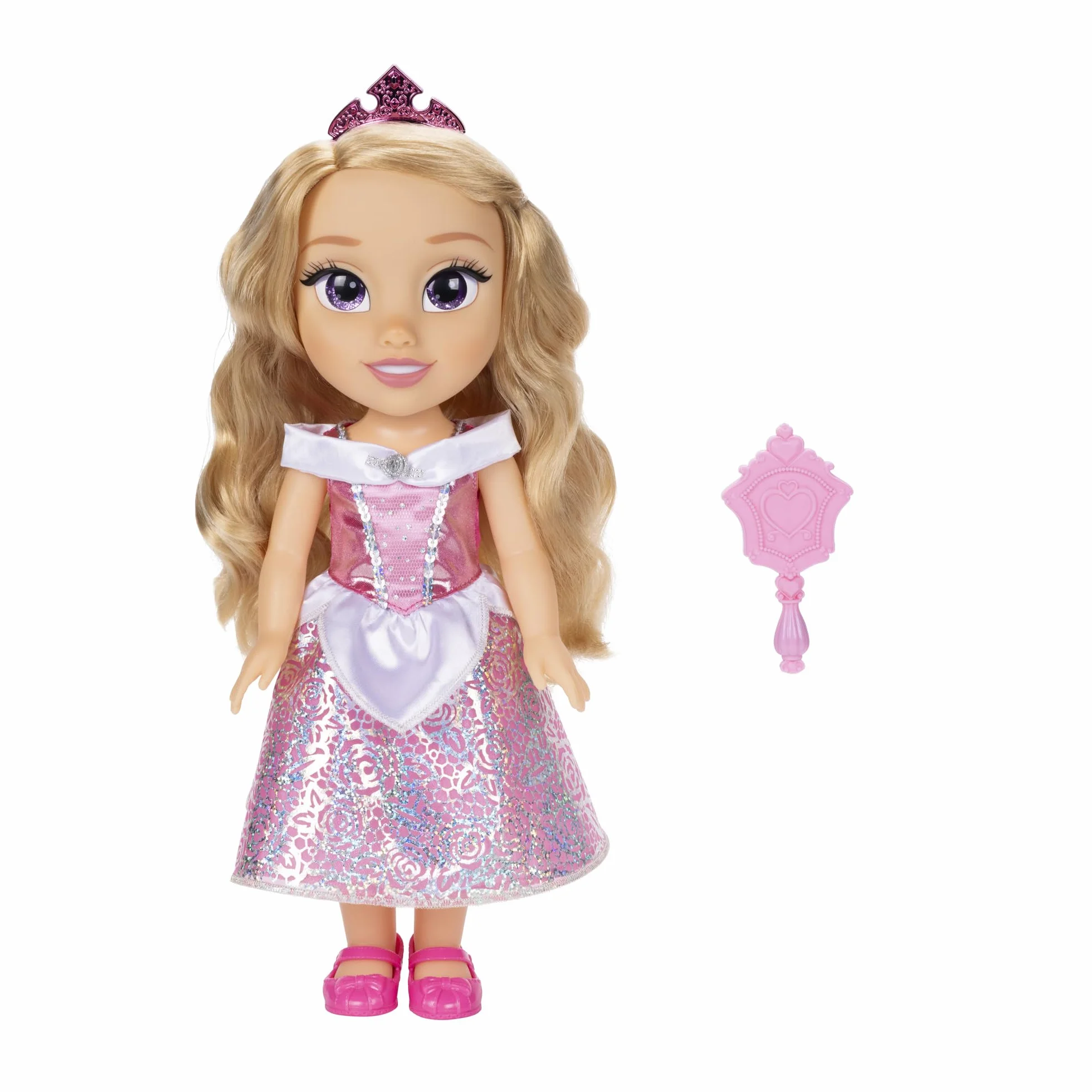 Disney Princess Modna lalka Aurora, 14"/35 cm wysoka lalka z królewskimi oczami refleksyjnymi zawiera błyszczącą platynową sukienkę z nadrukiem holofoilu, buty, tiara i pędzel, idealna dla dziewcząt w