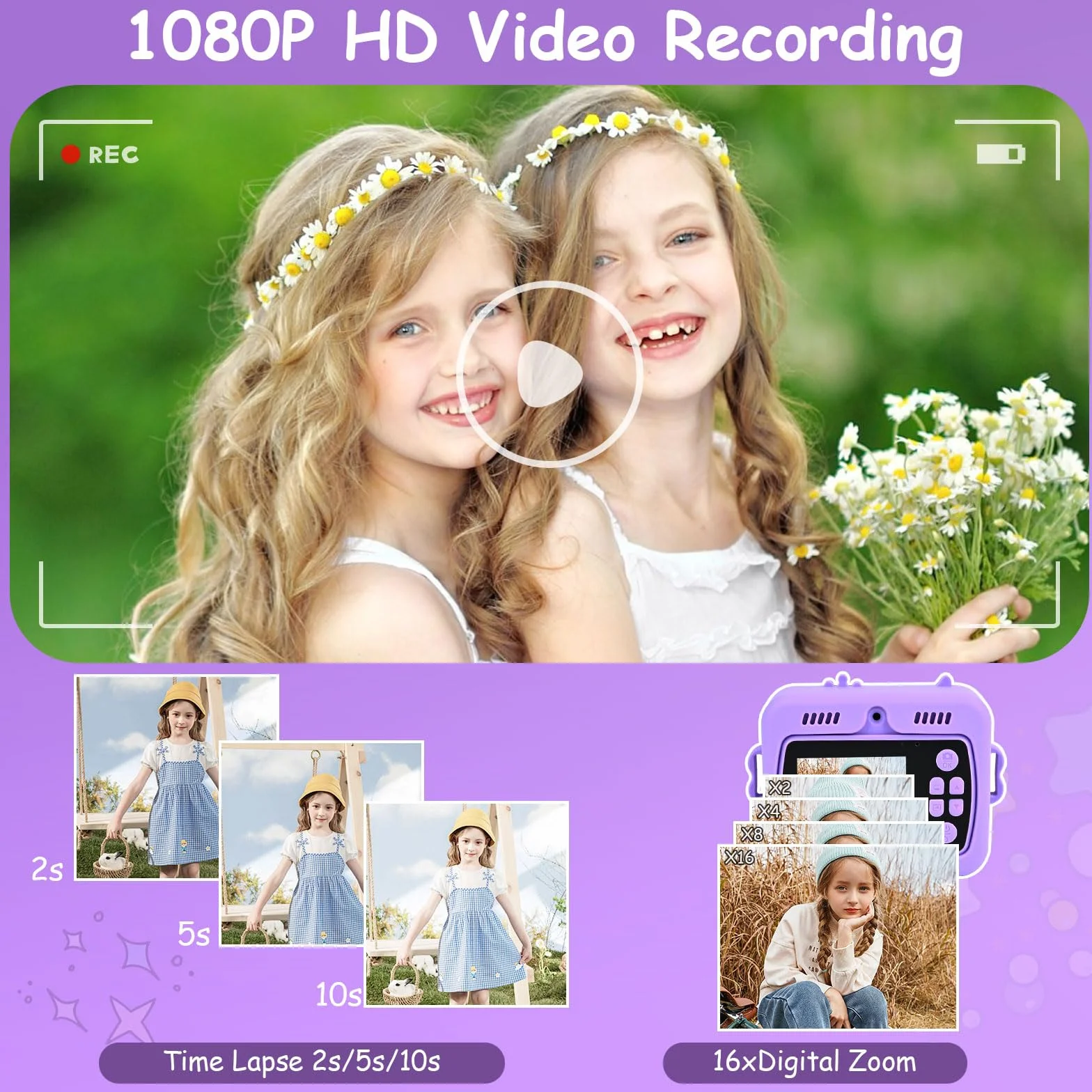 Euakee Kids Instant Camera, 1080P HD Cyfrowy Aparat dla Dzieci z 2,4-calowym Ekranem i Kartą 32G, Aparat Natychmiastowy dla Dzieci, Prezenty dla Chłopców i Dziewcząt 3-12 Lat (Fioletowy)