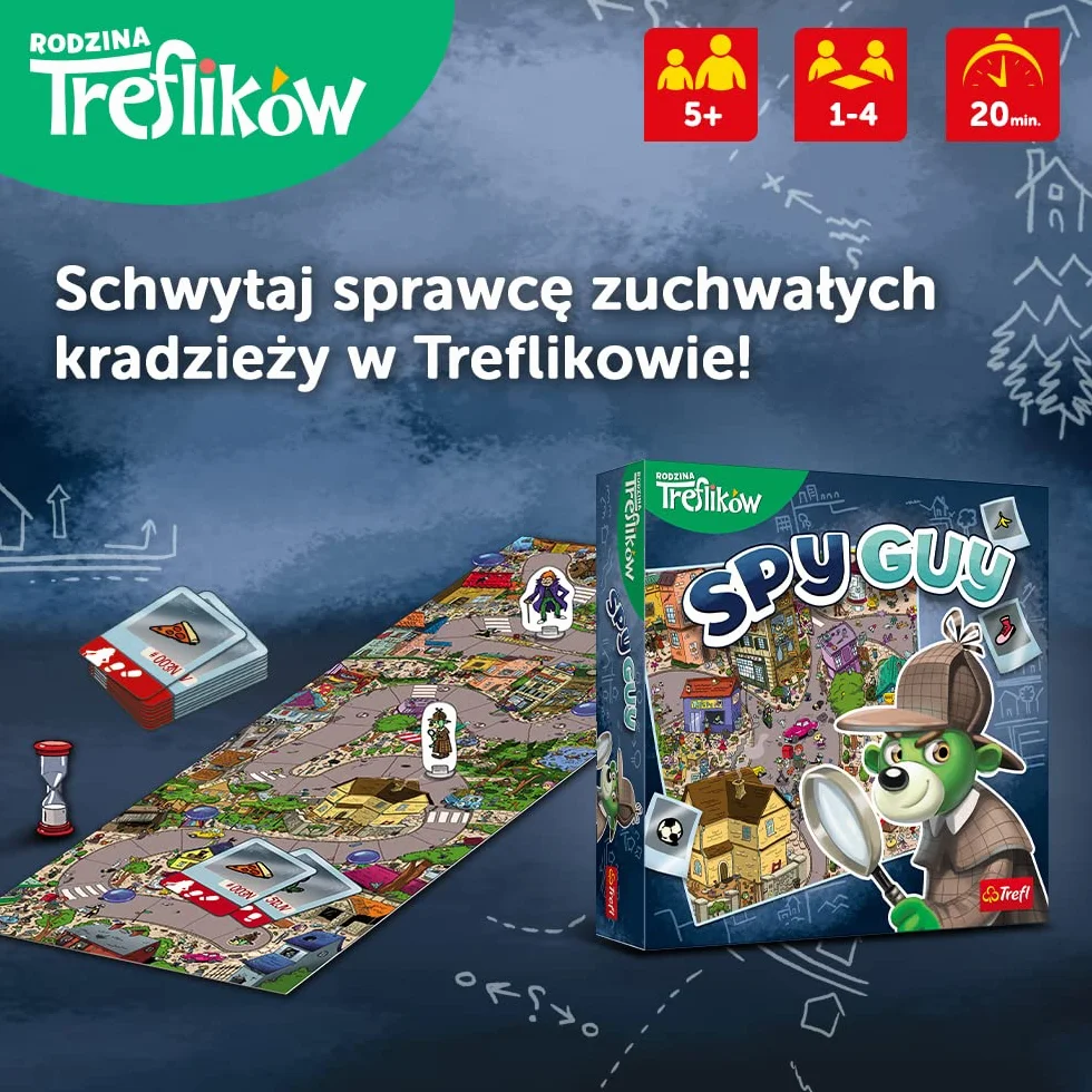 Trefl - Spy Guy - Kooperacyjna Gra Detektywistyczna, Rodzinna Gra Planszowa, Szukaj Dowodów i Złap Przestępcę, Ogromna Plansza z Miastem, Familijna Gra dla Dorosłych i Dzieci od 5 lat
