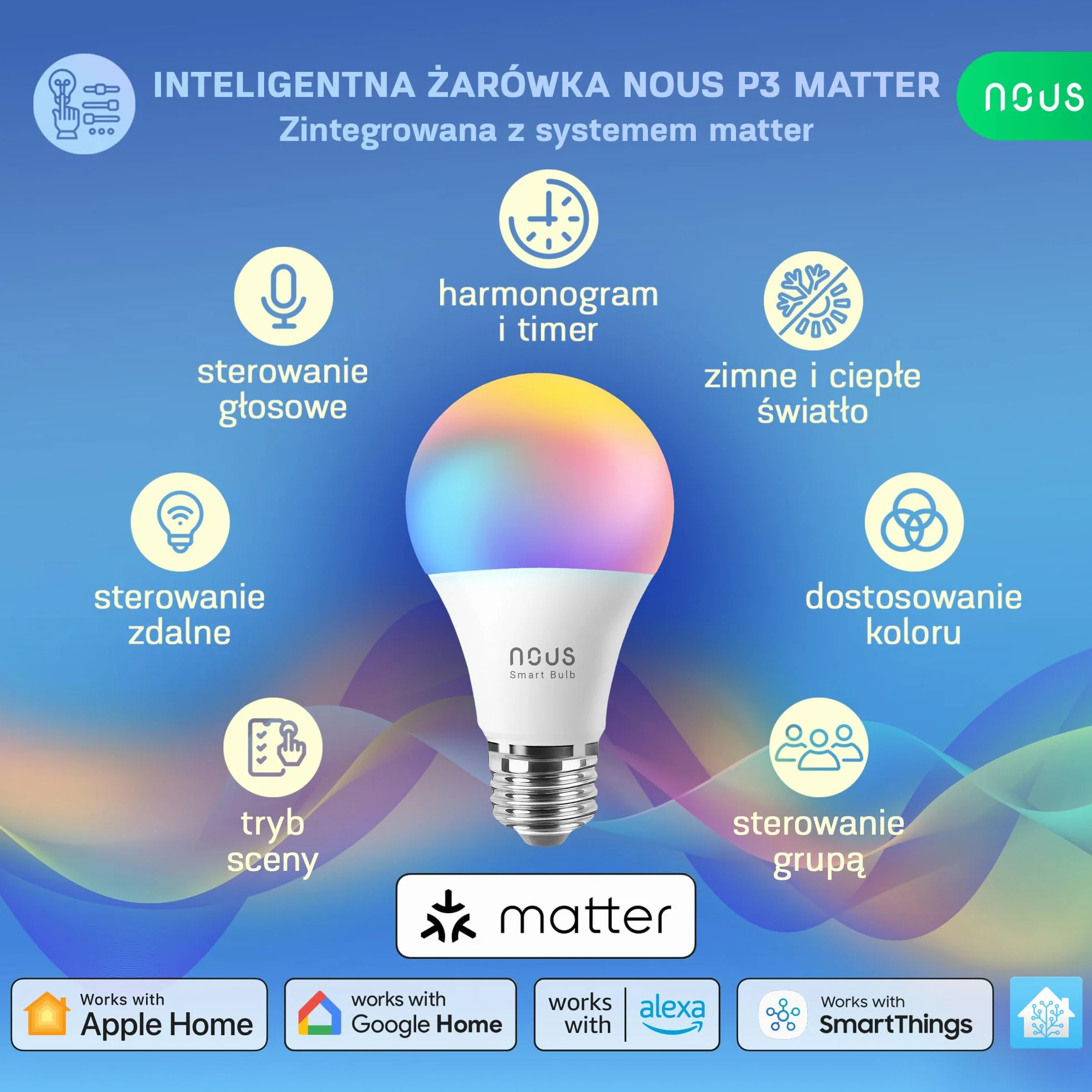 NOUS Inteligentna żarówka LED E27 RGB, Wi-Fi Alexa, inteligentna żarówka z pilotem zdalnego sterowania, zmiana kolorów, żarówka RGB, tylko 2,4 GHz WiFi