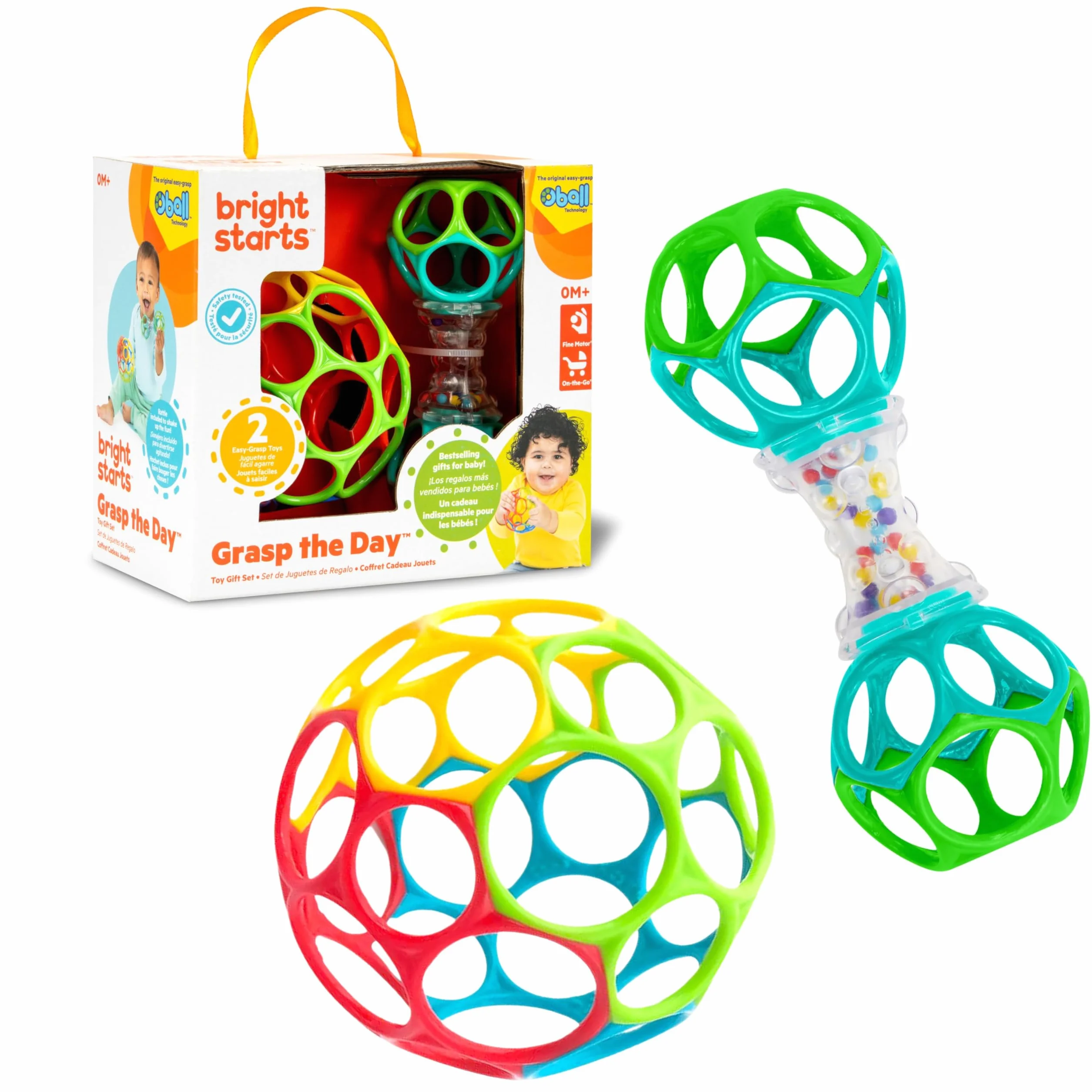 Bright Starts Easy-Grasp Oball Bundle zestaw prezentowy – Grasp the Day, piłka i grzechotka - zestaw 2 sztuk, nie zawiera BPA, unisex, nowożeńcy +