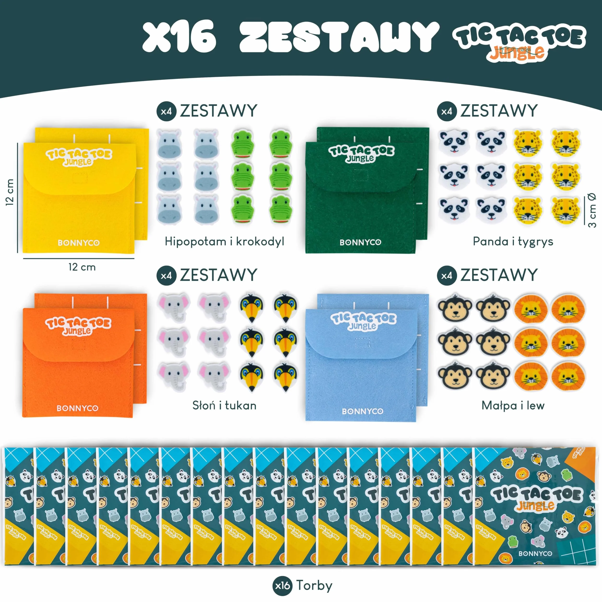 BONNYCO Kółko i Krzyżyk Z Jungle Zwierząt do Torebki na Urodziny Dzieci Unisex Zestaw 16. Prezenty do Torebki dla Dzieci, Upominki na Przyjęcia. Gotowe Zestawy, Pinata Filler Nagrody