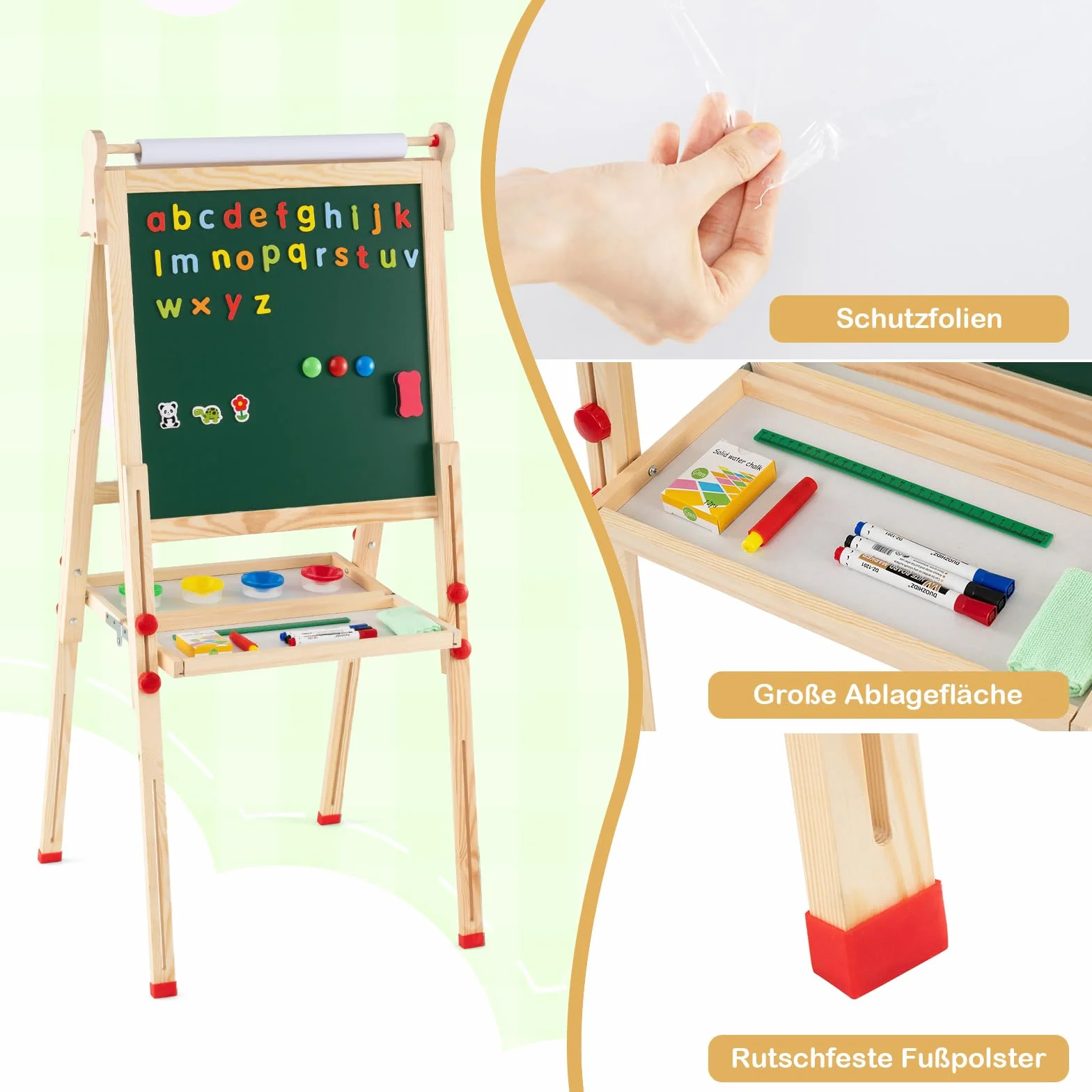 COSTWAY Sztaluga dziecięca 3 w 1 z regulacją wysokości, tablica suchościeralna, tablica do pisania kredą i papier do rysowania, drewniana tablica dla dzieci z półką i akcesoriami, naturalny
