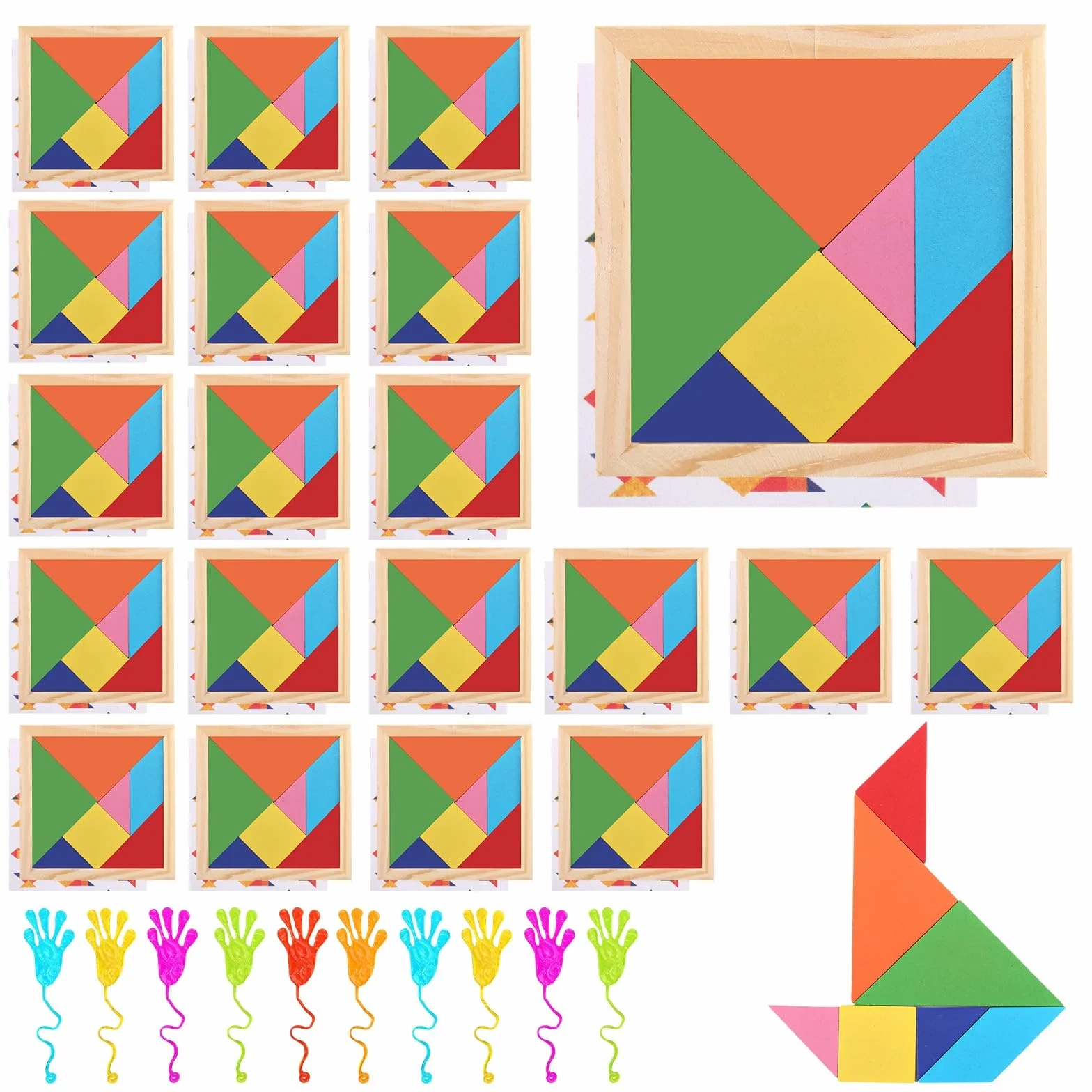 Tangram drewniane puzzle dla dzieci, 20 sztuk, małe upominki, upominek na urodziny dziecka, do szkoły + 10 plotkarek, zabawka na prezent urodzinowy, mini zestaw