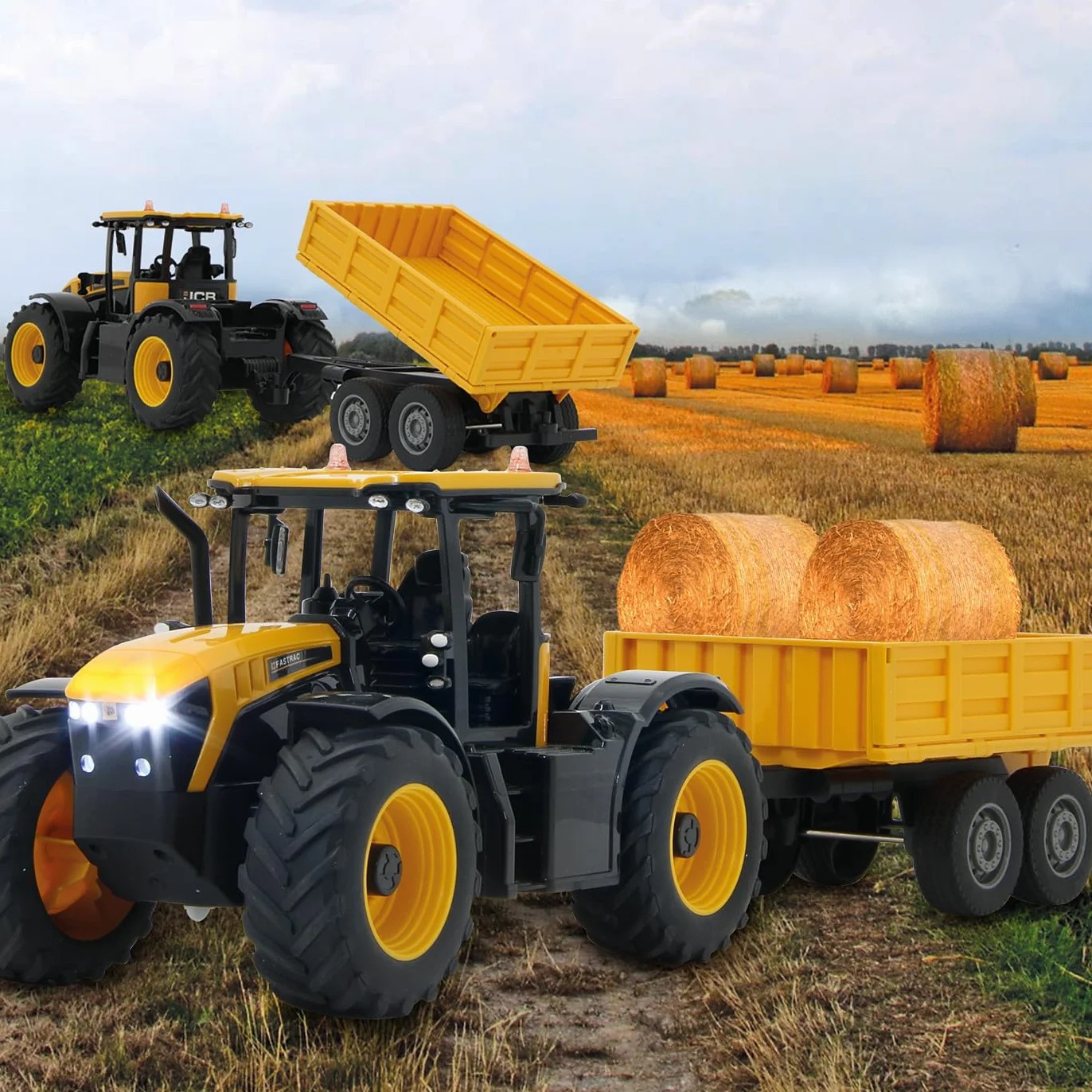 JAMARA JCB Fastrac traktor z przyczepą uchylną 1:24 2,4 GHz – napęd na 2 koła, profilowane opony gumowe, światło LED, rolnictwo