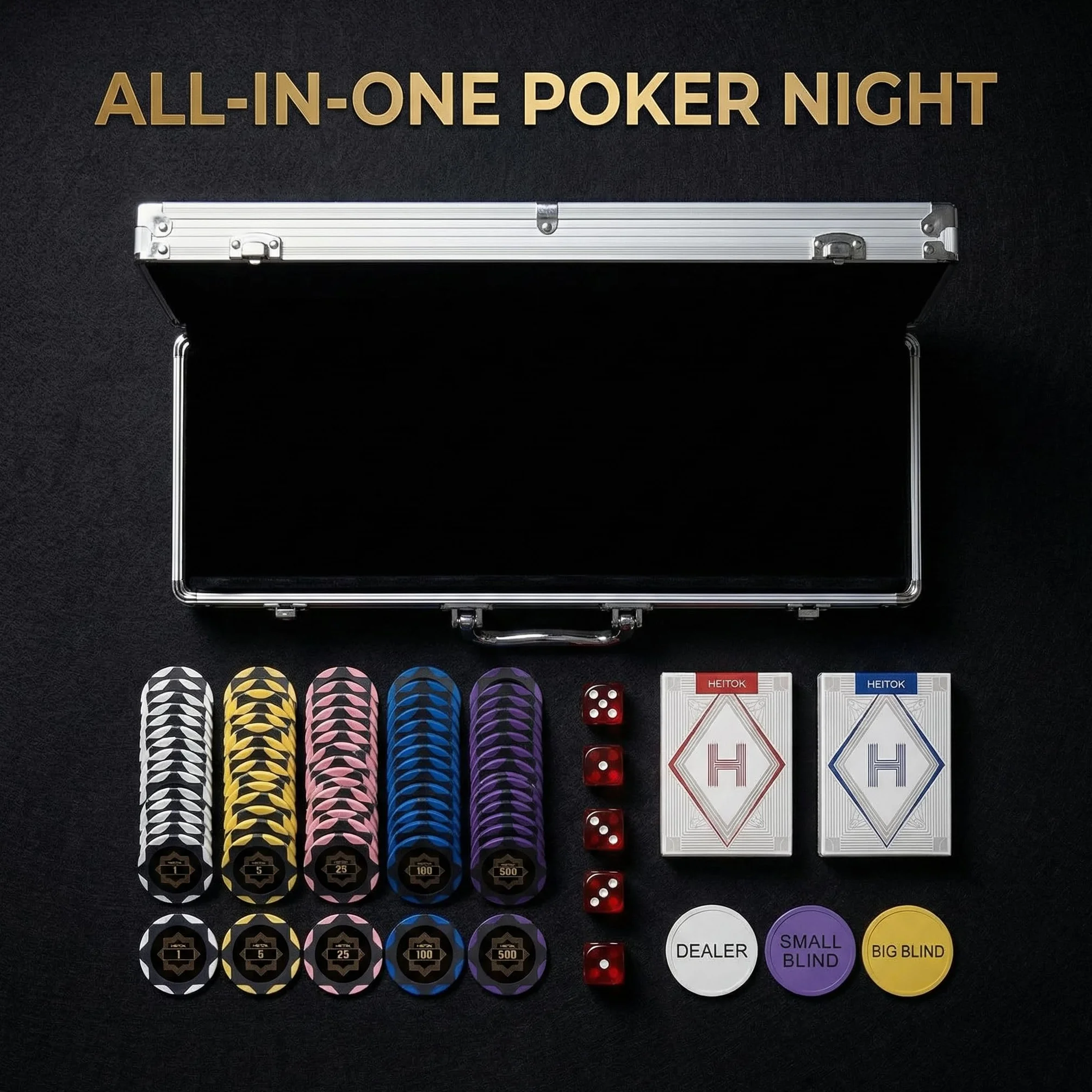 HEITOK Zestaw do pokera 300 żetonów 14g gliniane kompozytowe z metalowym rdzeniem, profesjonalna walizka aluminiowa, karty, kości i przyciski blind, kompletny zestaw Texas Holdem Casino