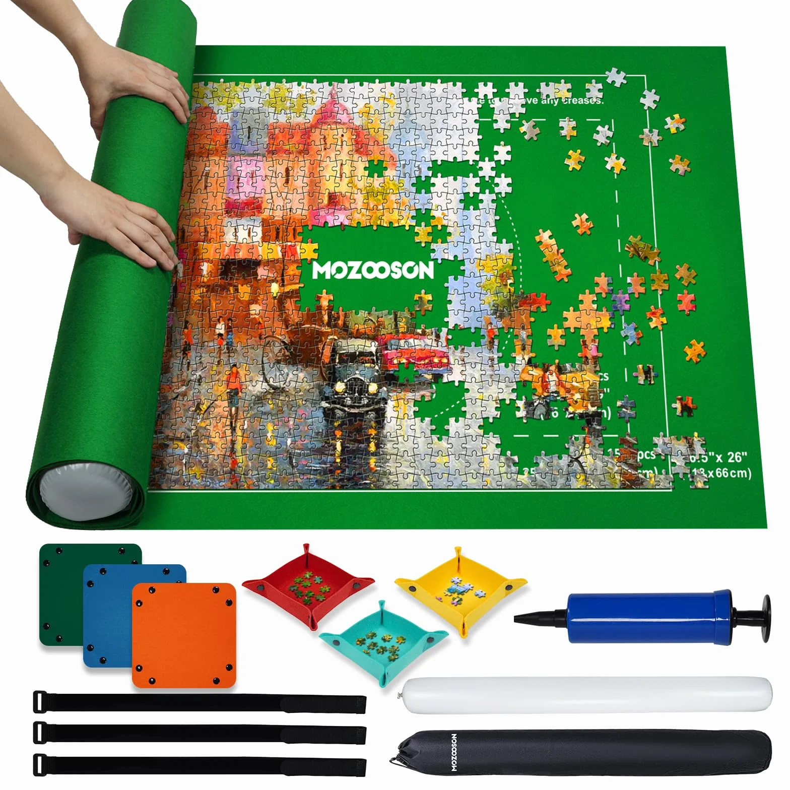 MOZOOON Mata do puzzli 1500 elementów, filcowa mata do puzzli, przenośna mata do zwijania puzzli składana z 6 sortownikami do puzzli, akcesoria dla dzieci i dorosłych