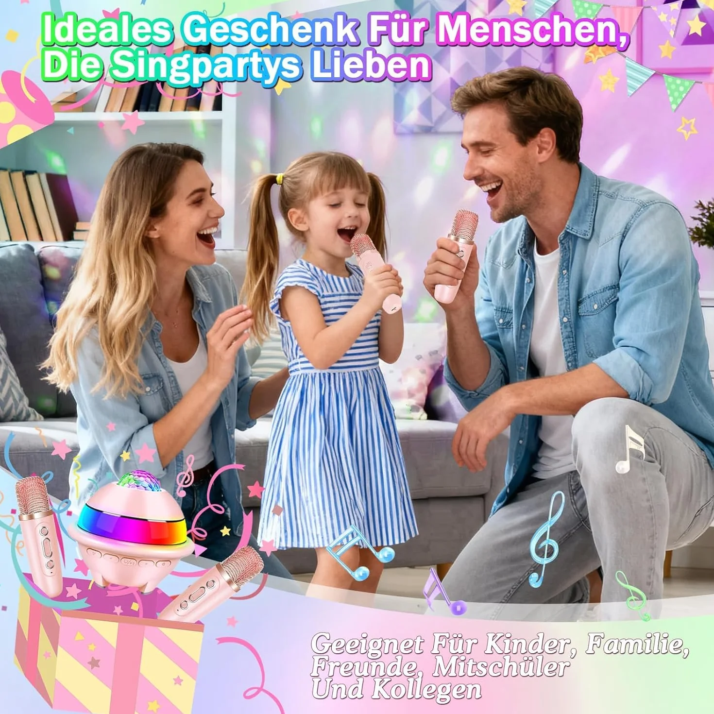 JONRRYIN Zestaw do karaoke z 2 mikrofonami, przenośna maszyna do karaoke Bluetooth dla dzieci ze światłem dyskotekowym i 5 efektami dźwiękowymi, głośnik Bluetooth dla dzieci, muzyka, prezent na Boże