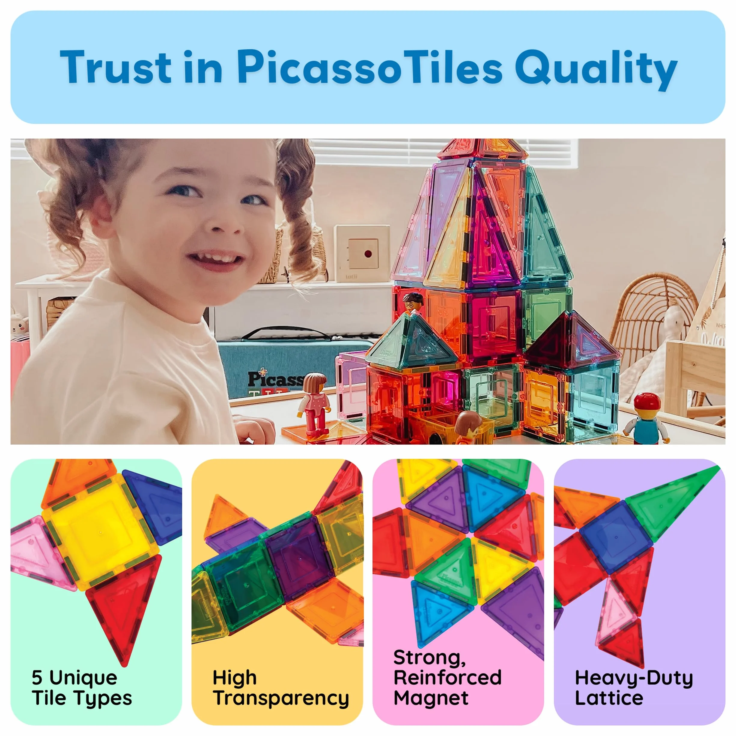 PicassoTiles Magnetic Tiles 60pcs Kids Toys Classroom Sensory Toy for Toddlers STEM Learning Building Blocks, Montessori Pretend Play Magnet Tile Construction Stacking Block Boys Girls Ages 3+ PT60