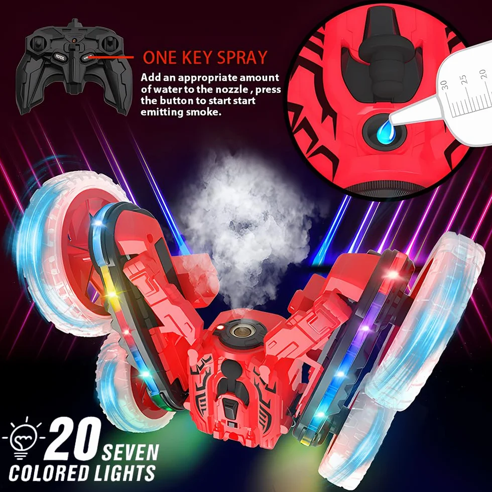 Zdalnie sterowany samochód, 2,4 GHz, dwustronny, obracany o 360° RC Stunt Crawler z kolorowymi migającymi światłami i tryskami, samochód offroad drift RC, prezent dla chłopców i dziewczynek od 4