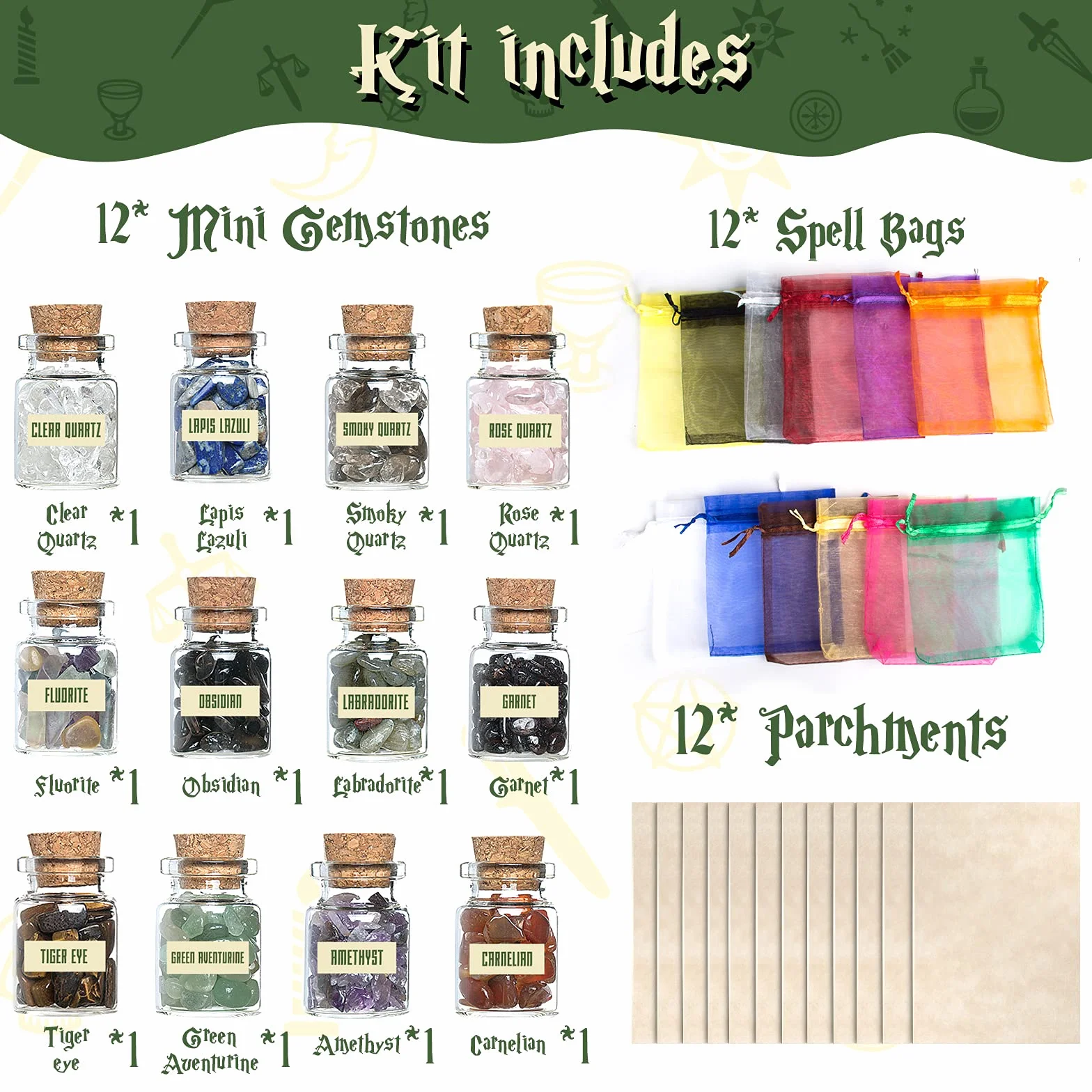 Hexenbastel-Starter-Set 63-teilig Kristalle Kräuter Zauberkerzen Charmtüten Ritual Hexensalz für Wicca-Altar