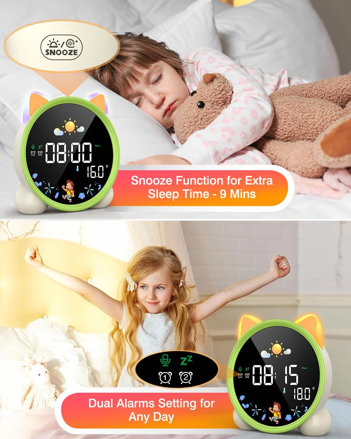 Lemnoi Budzik dla dzieci, zegar trenera snu dla dzieci, zegar OK to Wake z trybem słońca i księżyca, odliczanie/timer, podwójny alarm, regulowane światło nocne, muzyka do spania, drzemka, temperatura