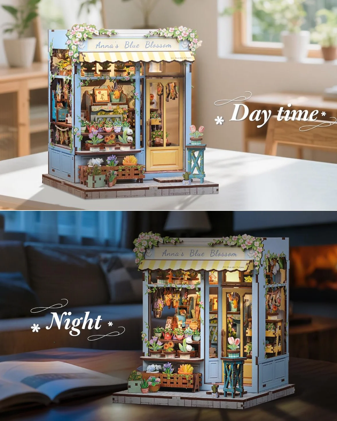 CUTEBEE Book Nook Kit-Zestaw Domku Dla Lalek do Samodzielnego Złożenia,Drewniana Podpórka do Książek 3D,Kreatywna Dekoracja na Półkę,Prezent(Anna's Blue Blossom)