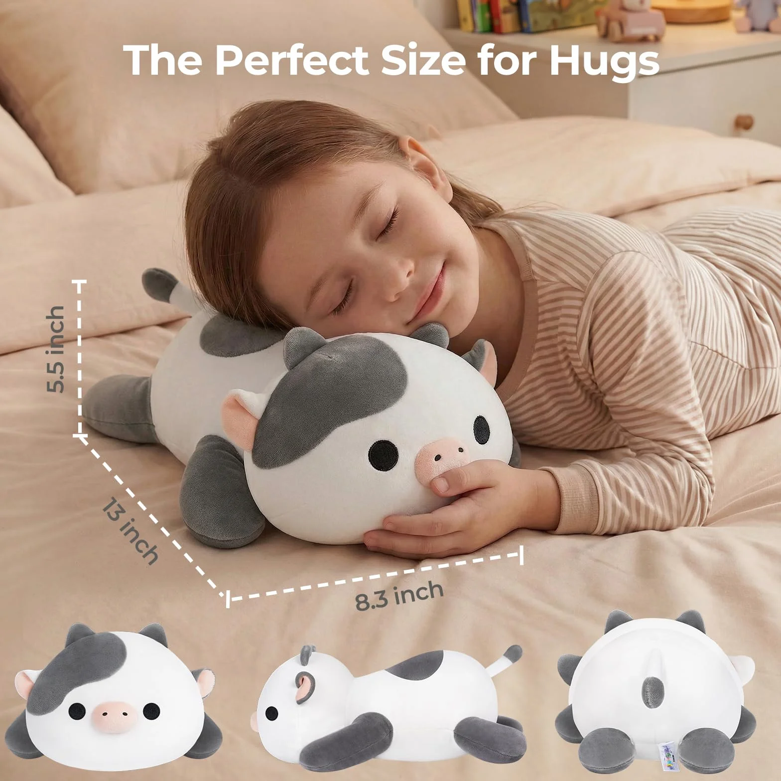 Mewaii Słodka pluszowa poduszka w kształcie krowy, pluszowe zwierzątka Kawaii, biała krowa pluszaki, pluszowa poduszka dla dzieci i dziewczynek (33 cm)