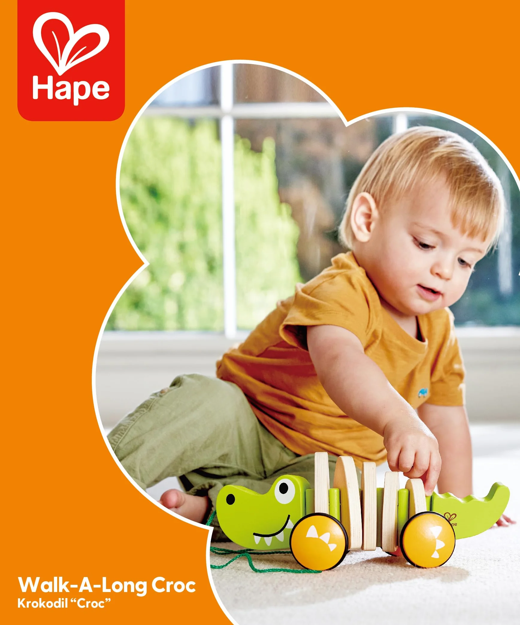 Hape E0348 Walk-A-Long Croc - Pull Along Wooden Crocodile Toy