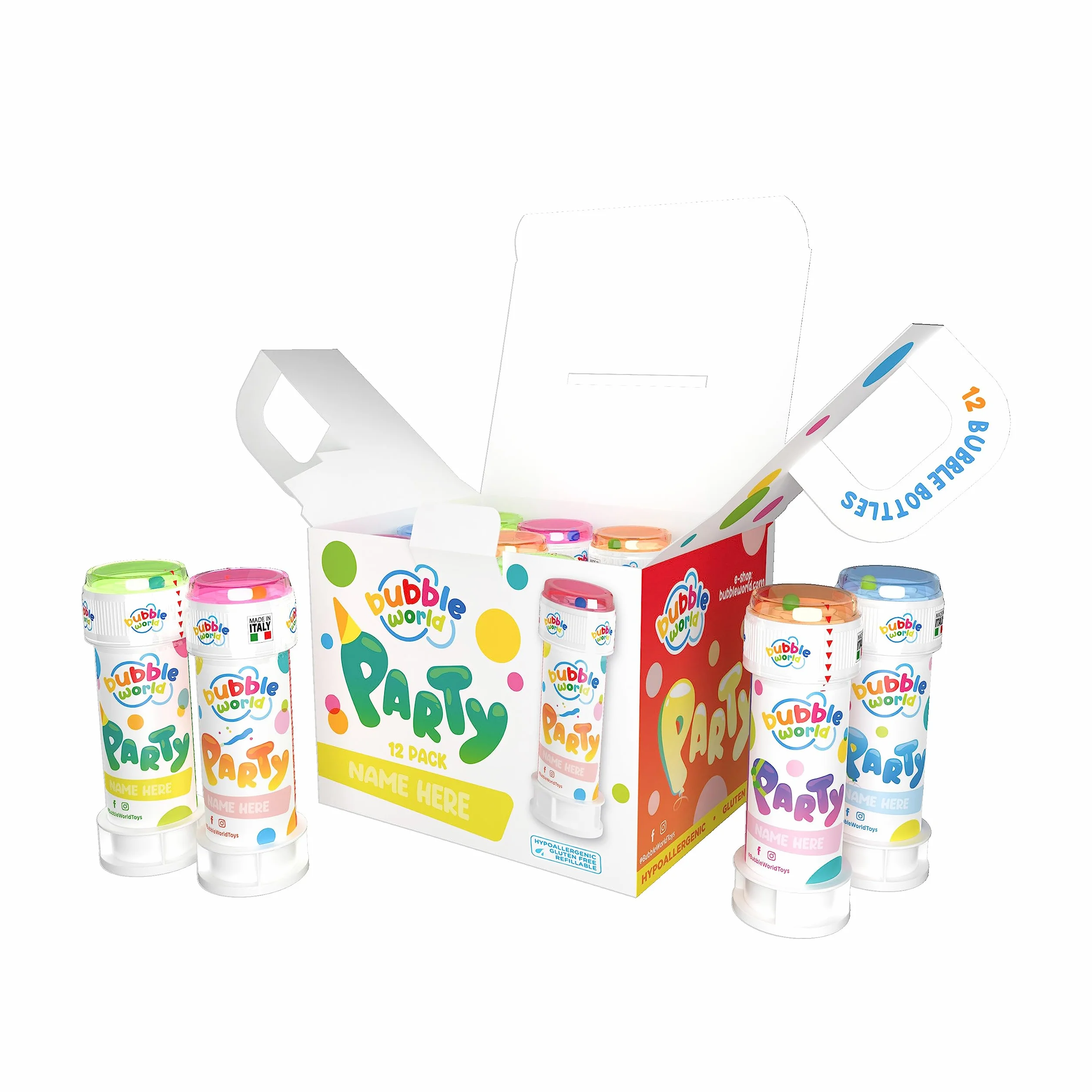 Dulcop- Party Bubbles 12 szt. Bańki mydlane wyprodukowane we Włoszech, wielokolorowe, 414 0720000