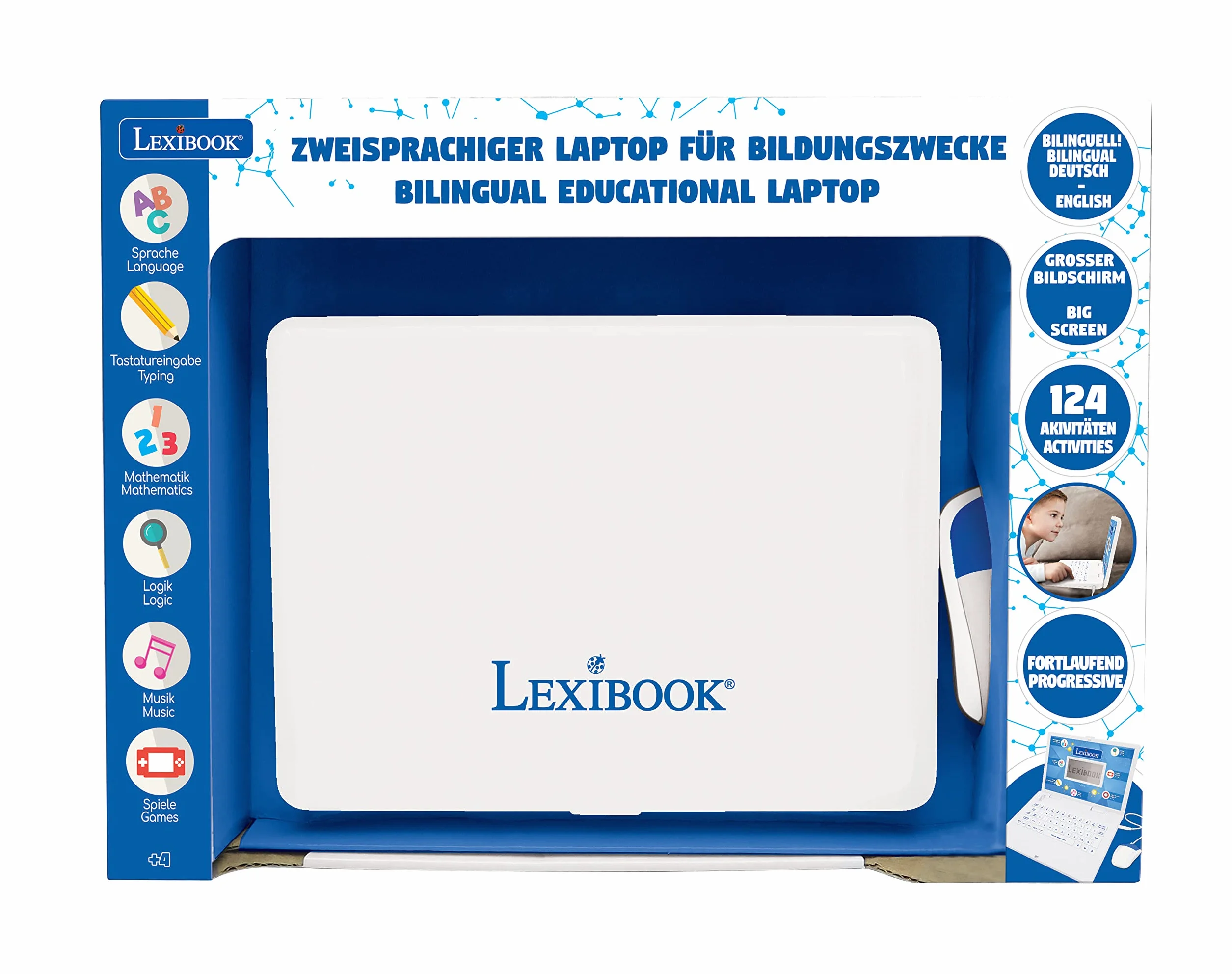LEXIBOOK JC598i3 Dwujęzyczny Laptop Edukacyjny 124 Aktywności Niemiecki Angielski Niebieski Biały