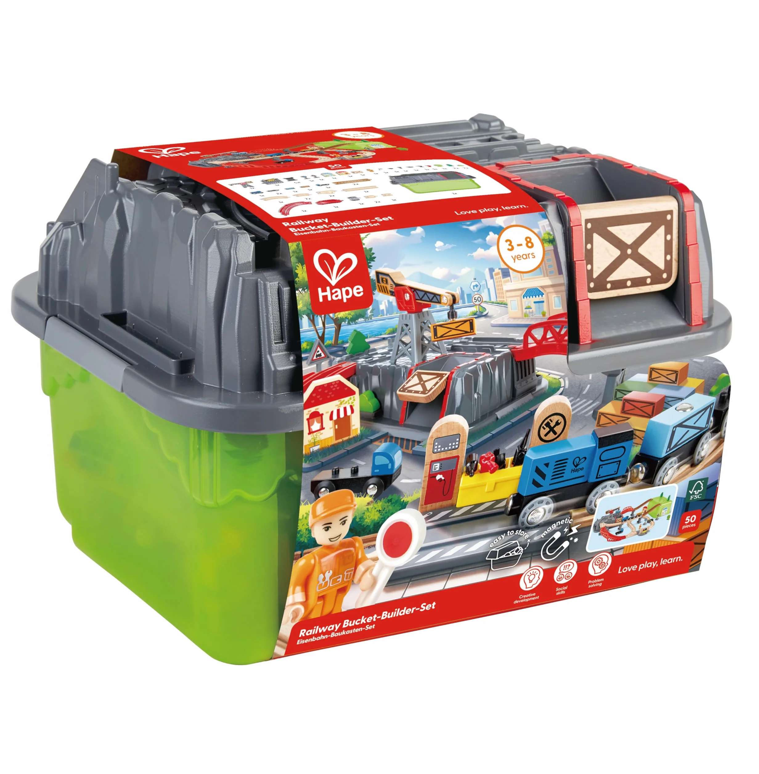 Hape Sustainable Wood Toy Train Railway Bucket 50-Piece Builder Set