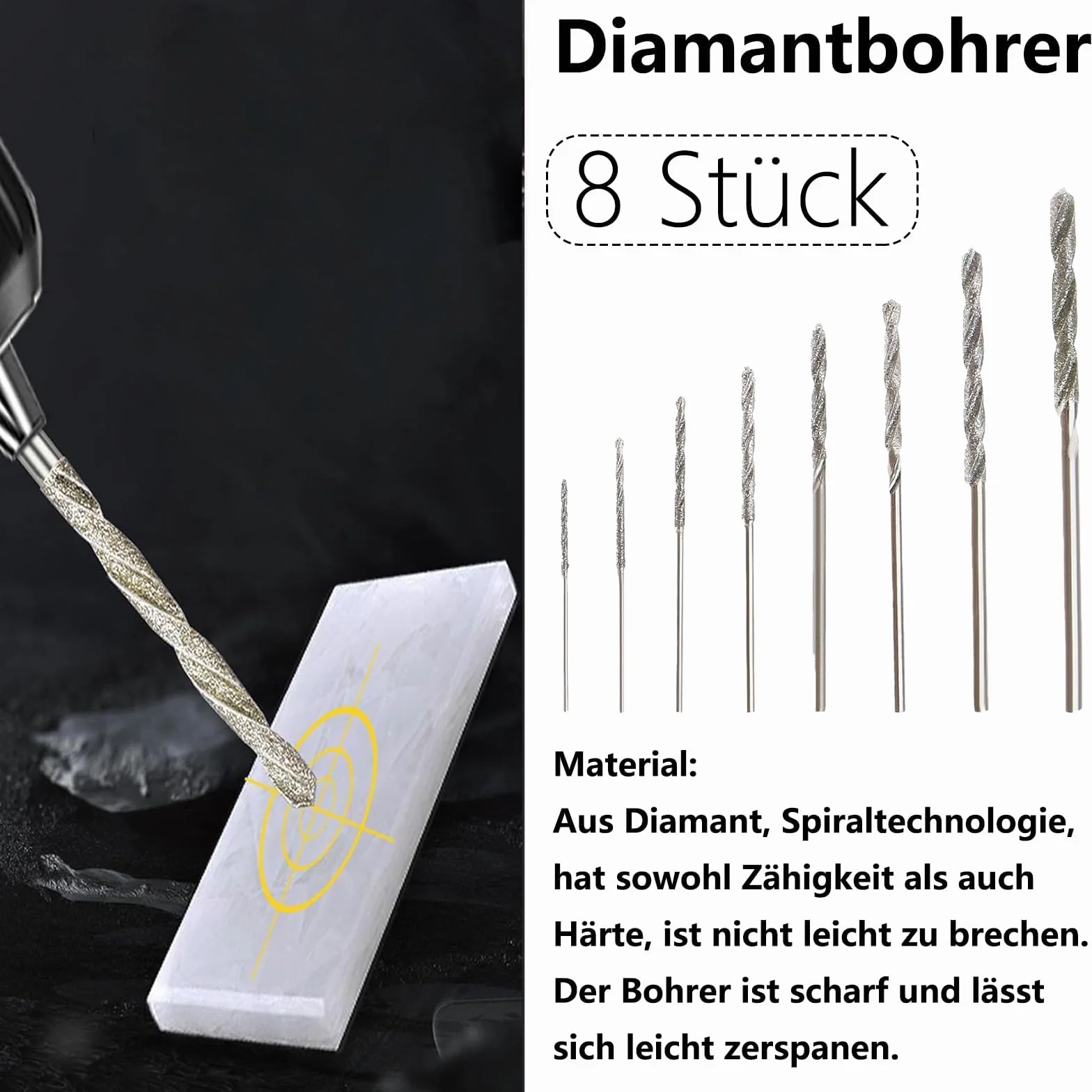 8 sztuk wierteł diamentowych, wierteł diamentowych, od 0,8 mm do 3,0 mm, zestaw wierteł do szkła, metalu, muszli, jadeitu, koralików itp