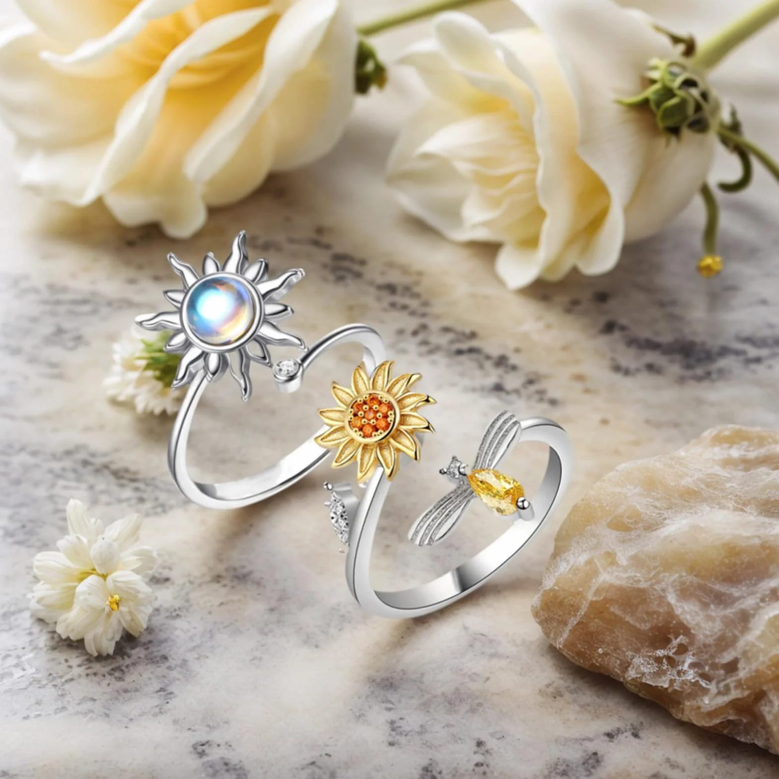 2 szt. pierścień antystresowy obrotowy Fidget Anxiety Ring słonecznik, regulowany otwór na akcesoria, relaks