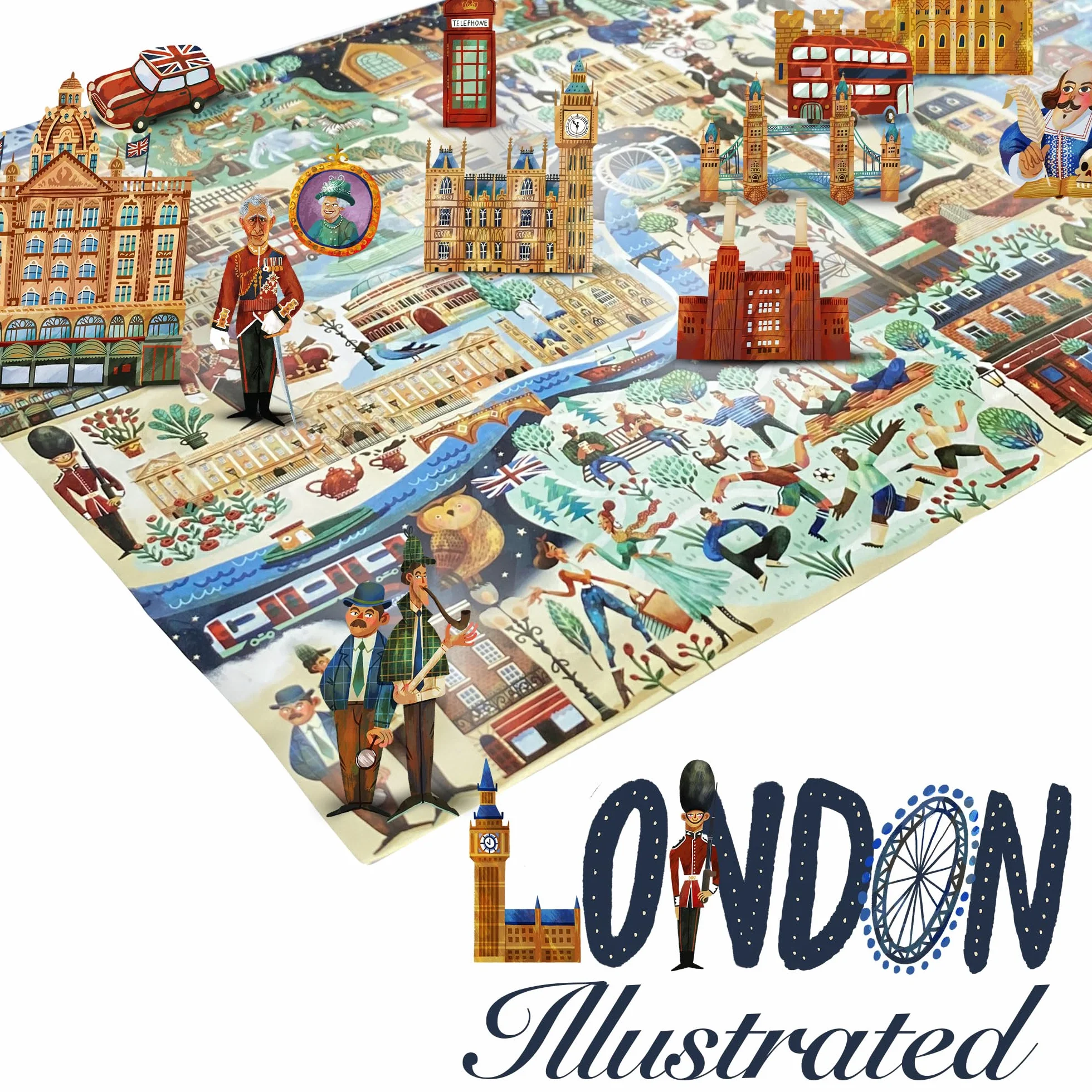 Londyn puzzle 1000 elementów, ilustrowana scena miejska z królową Elżbietą II i królem Karolem III, puzzle dla dorosłych i dzieci, karta w 100% z recyklingu, autorstwa Bopster