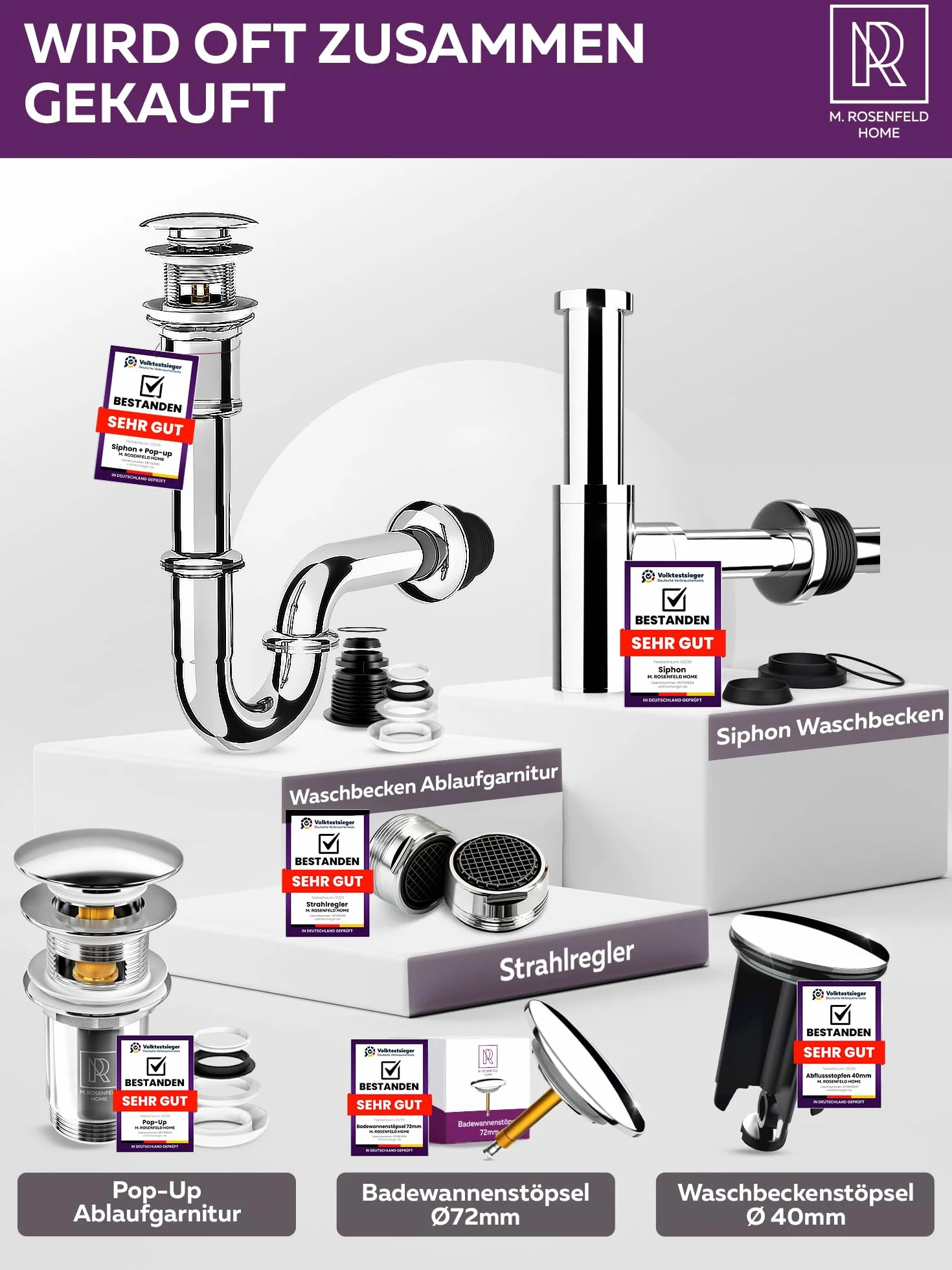 M. ROSENFELD HOME Syfon do umywalki – stal nierdzewna Rura odpływowa do umywalki Rura zanurzeniowa 4-8,5 cm – blokada zapachu – syfon rurowy 1 1/4 cala – komplet z uszczelkami i rozetką