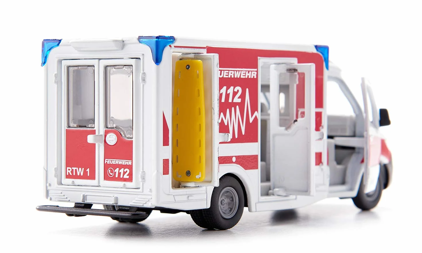 Siku 2115, Karetka Mercedes-Benz Sprinter Miesen typ C, 1:50, Metal,Tworzywo sztuczne, Czerwony,Biały, Zdejmowany dach, Z deską rozdzielczą i noszami