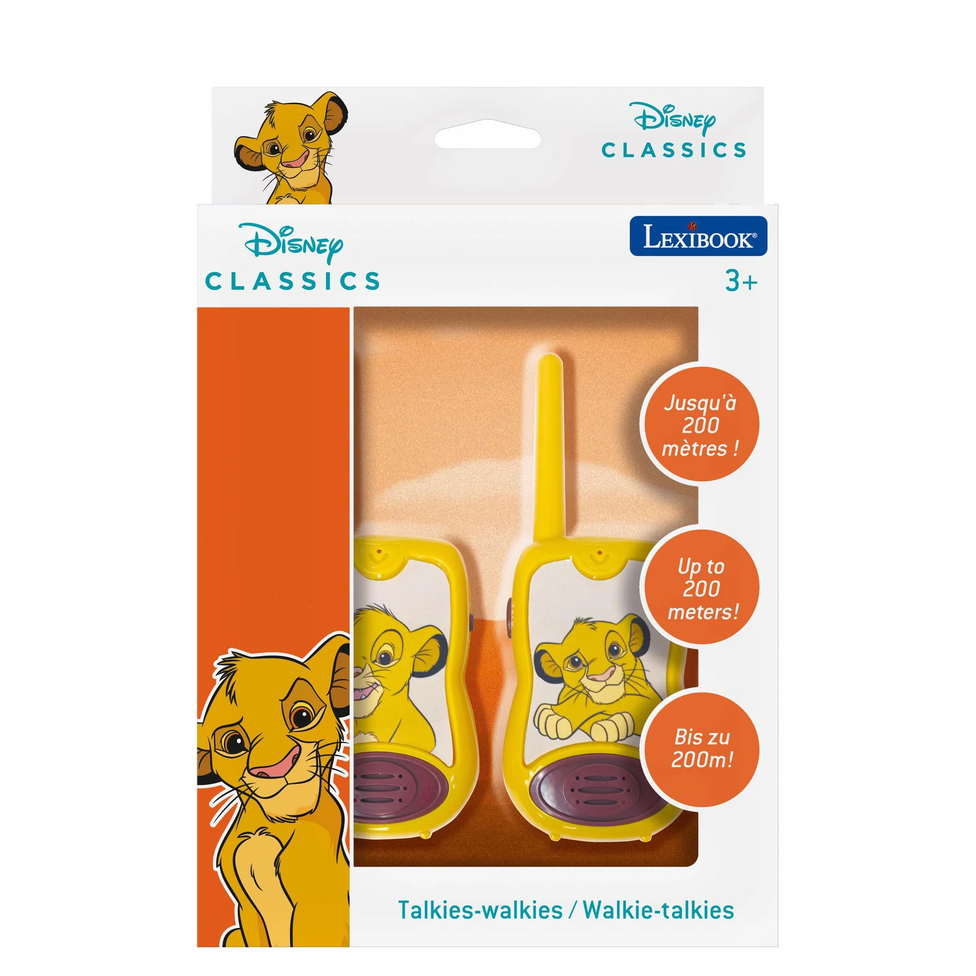 Lexibook, Disney Król Lew, Walkie-Talkie 200 M, Gra Komunikacyjna dla Dzieci, 2 Kanały Komunikacji, Pasek na Klips, Baterie, Żółty, TW12AN