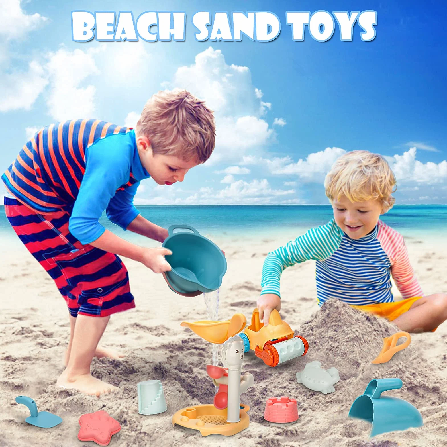 Sanlebi Sand Beach Zabawki dla dzieci, miękkie materiały piaskownica z wiadrem i łopatką, torba z siatki wielokrotnego użytku, letnie gry plażowe dla małych dzieci