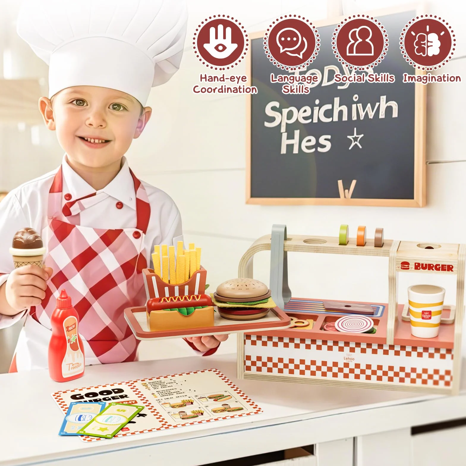 Lehoo Castle - drewniany zestaw burgerów do zabawy i jedzenia dla 3-letniej dziewczynki, prezent, sklep z zabawkami