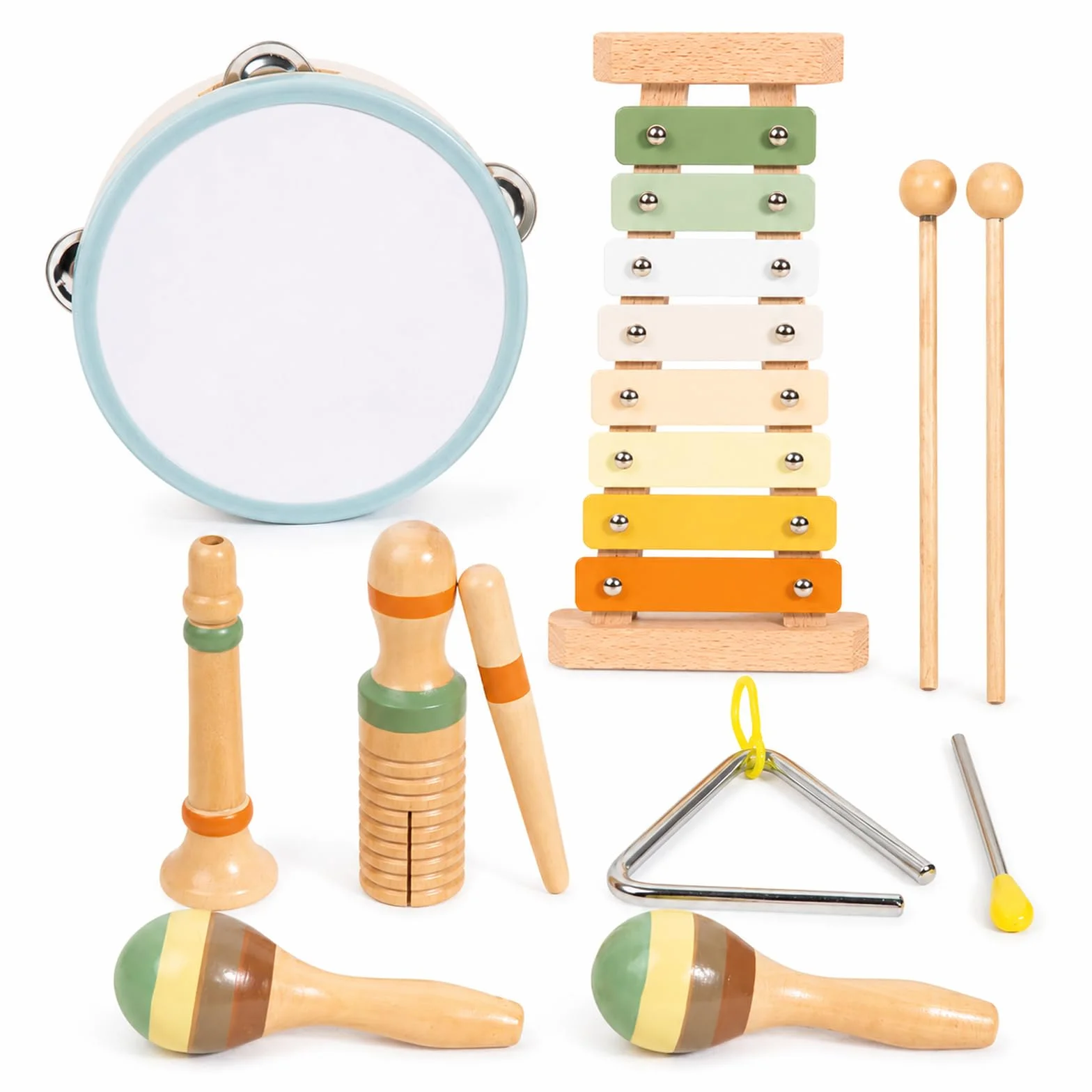 Instrumenty muzyczne dla dzieci od 3 lat – drewniany zestaw instrumentów Montessori 12 elementów, ksylofon, tamburyn, marakasy, trójkąt, zabawki rytmiczne dla dzieci