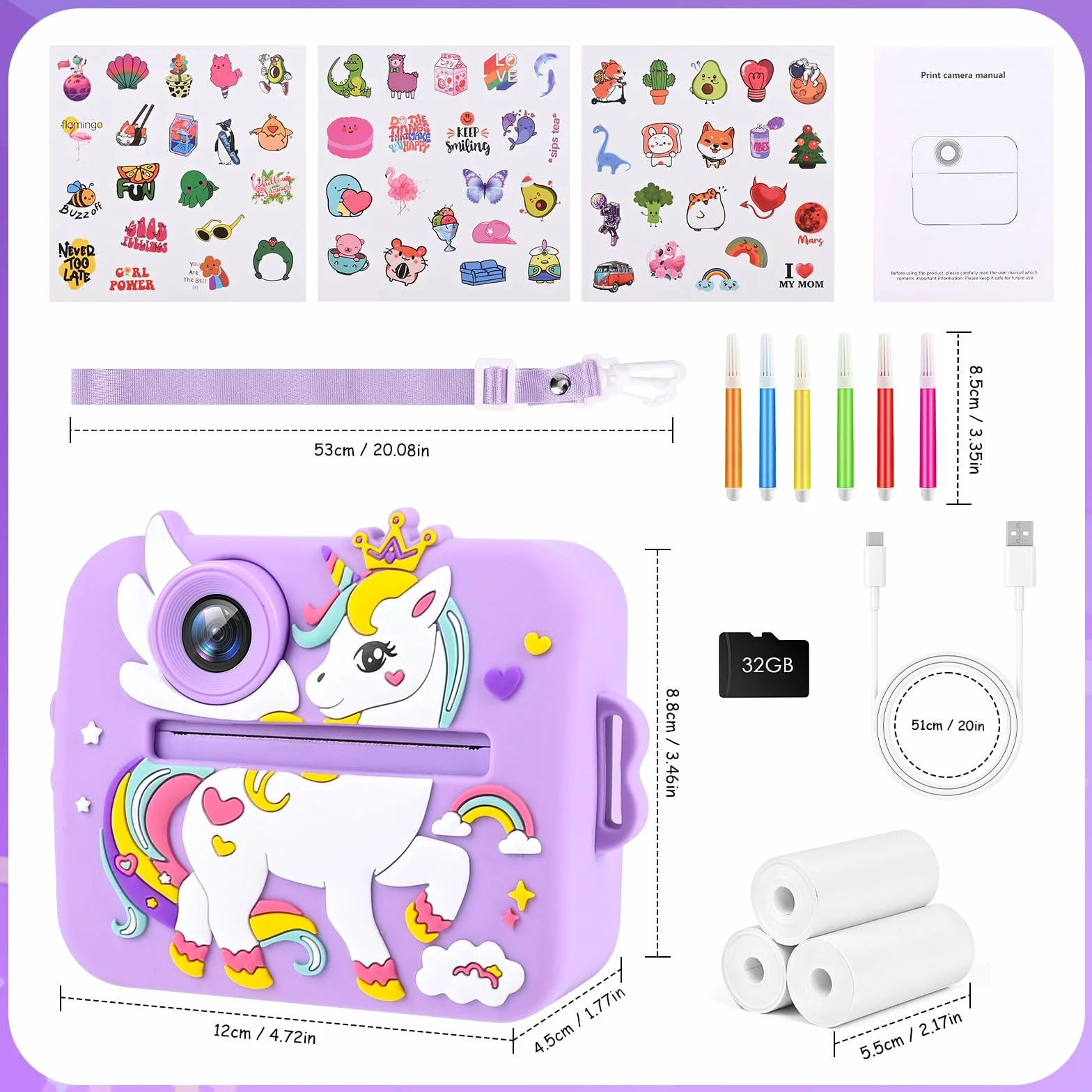 Euakee Kids Instant Camera, 1080P HD Cyfrowy Aparat dla Dzieci z 2,4-calowym Ekranem i Kartą 32G, Aparat Natychmiastowy dla Dzieci, Prezenty dla Chłopców i Dziewcząt 3-12 Lat (Fioletowy)