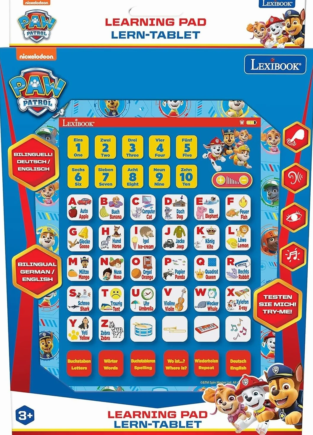 Lexibook JCPAD002PAi3 Psi Patrol Edukacyjny Dwujęzyczny Interaktywny Tablet, Zabawka do Nauki Liter Alfabetu, Cyfr, Słów, Pisowni i Muzyki, Język Angielski, Niemiecki, Niebieski