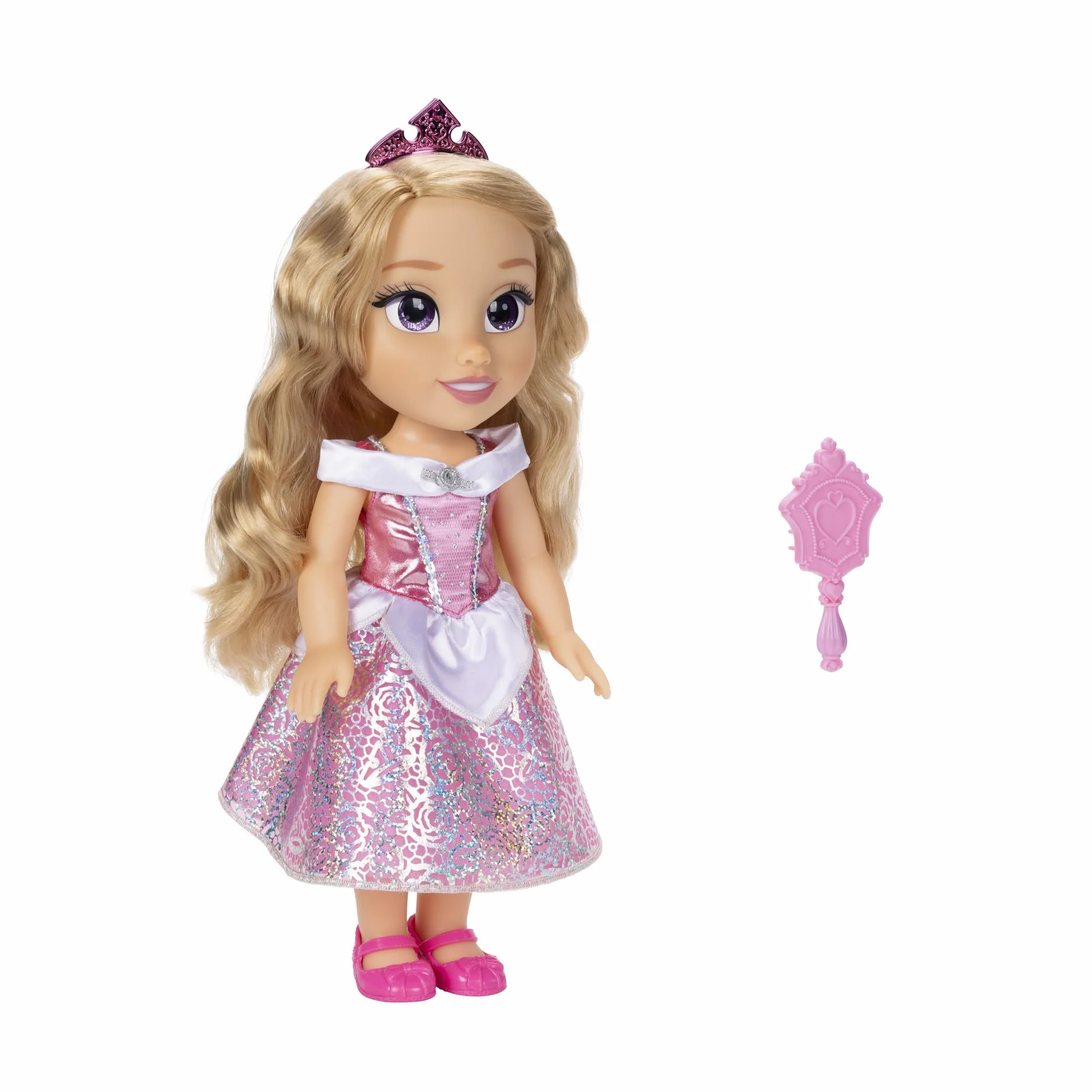 Disney Princess Modna lalka Aurora, 14"/35 cm wysoka lalka z królewskimi oczami refleksyjnymi zawiera błyszczącą platynową sukienkę z nadrukiem holofoilu, buty, tiara i pędzel, idealna dla dziewcząt w