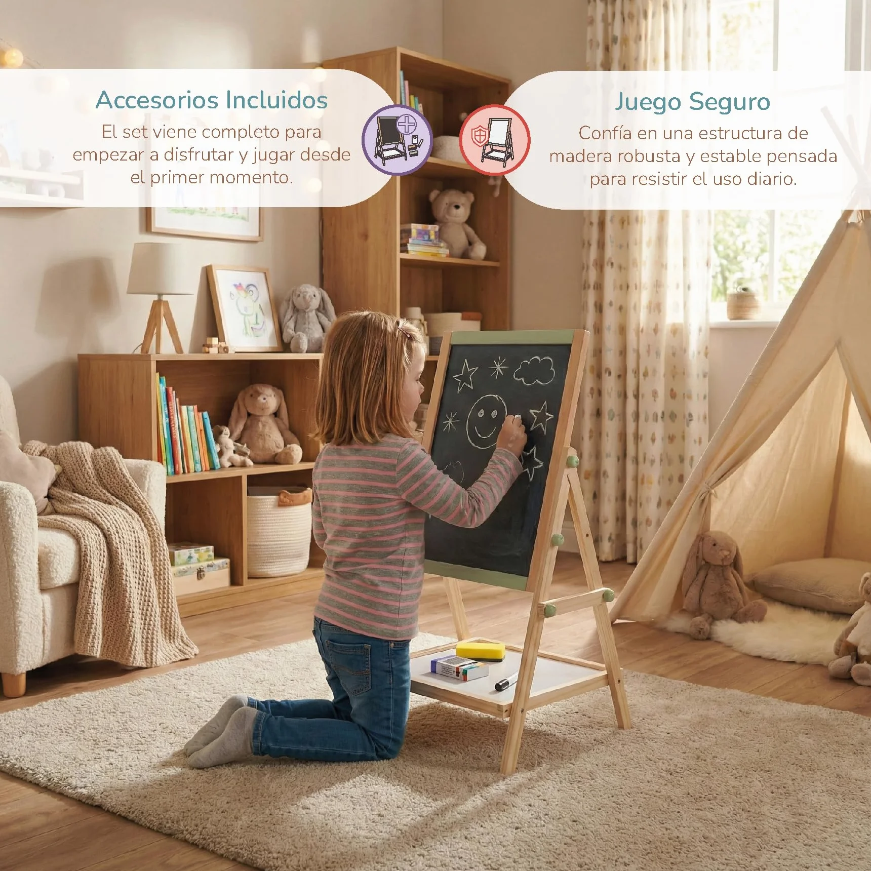 BUDDY BABY Kreatywna tablica dla dzieci Montessori - dwustronna tablica ze sztalugą - w zestawie pudełko na kredę, 2 gumki i 1 długopis - wymiary: 65 x 37 x 35