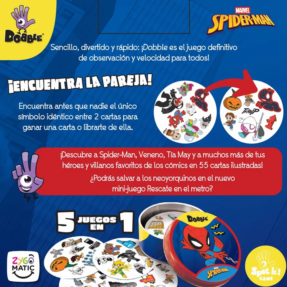 Asmodee Dobble Spiderman, obserwacja i szybkość gry karcianej dla dzieci i dorosłych, gra planszowa, 15 minut gry, od 6 lat, 2-8 graczy