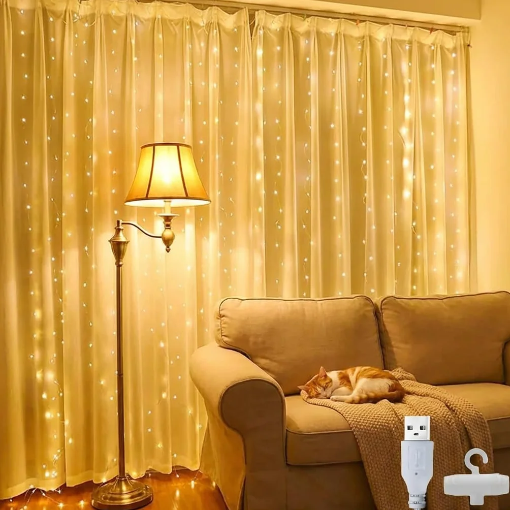 Kurtyna łańcuch świetlny 2 x 2 m, zasłona świetlna LED do wewnątrz, 200 diod LED, wisząca zasłona świetlna USB, ciepła biel, na Boże Narodzenie, ślub, przyjęcie, ścianę, dekoracje domu