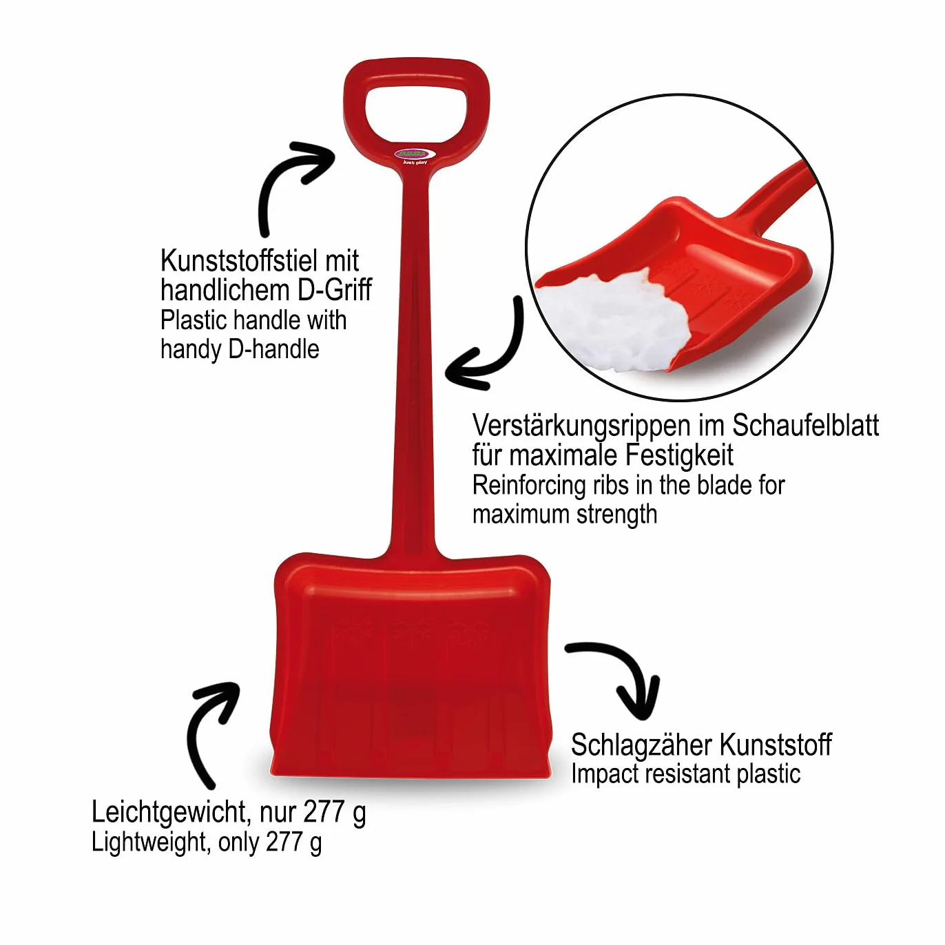 Jamara 460399 czerwona 460399-Odśnieżarka do śniegu wysokość 70 cm wytrzymała i stabilna, wzmocnienie żeber w ostrzu, plastikowy poręczny uchwyt w kształcie litery D