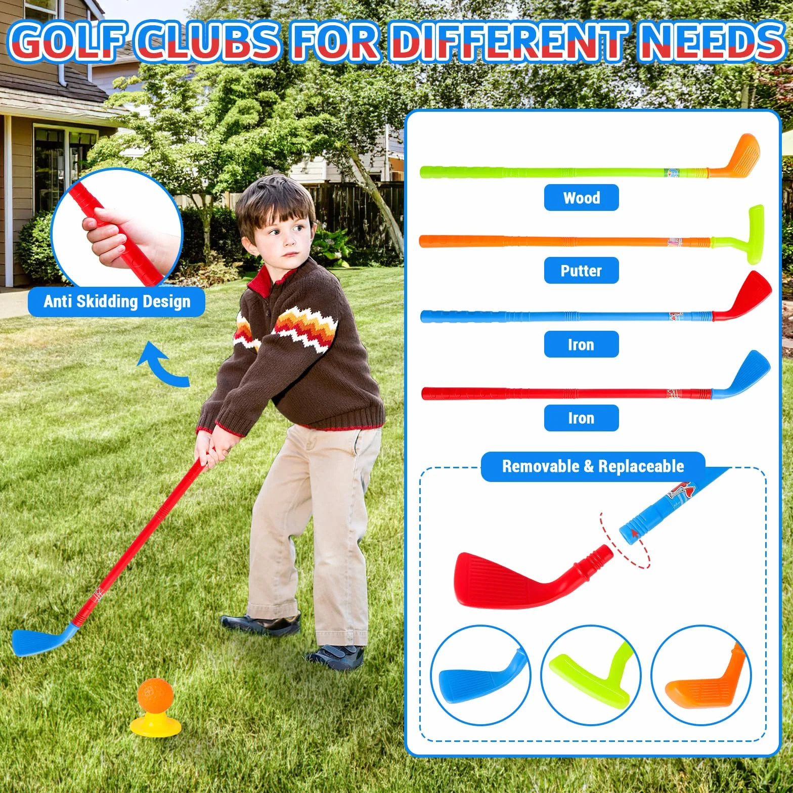 deAO Zestaw golfowy dla dzieci, w zestawie mata do golfa, 4 putter golfowe 60 cm, 6 piłek golfowych, zabawka dla malucha, zabawka do użytku wewnątrz i na zewnątrz, prezent urodzinowy dla chłopców i