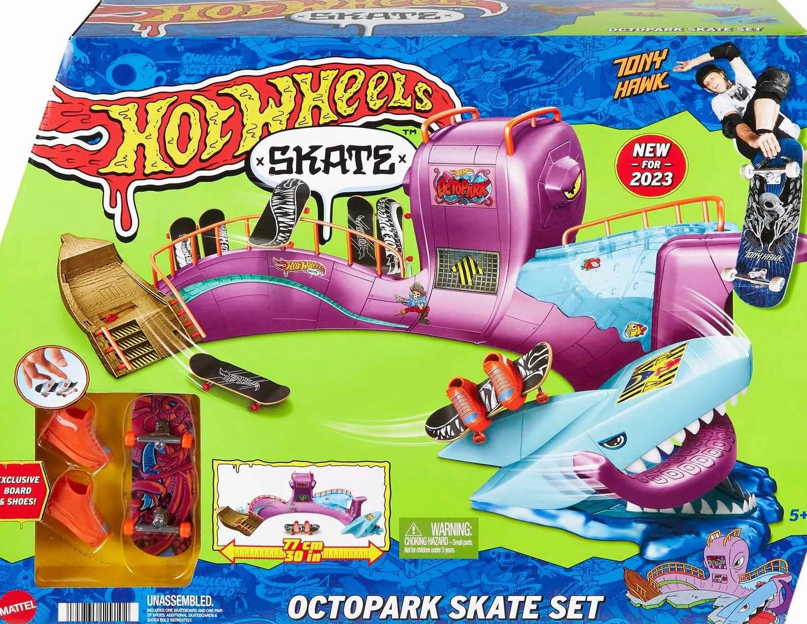 Hot Wheels Skate Skatepark ośmiornicy Duży zestaw z wyjątkową deskorolką do jazdy palcami i parą zdejmowanych butów deskorolkowych, miejsce do przechowywania deskorolek i butów, HMK01