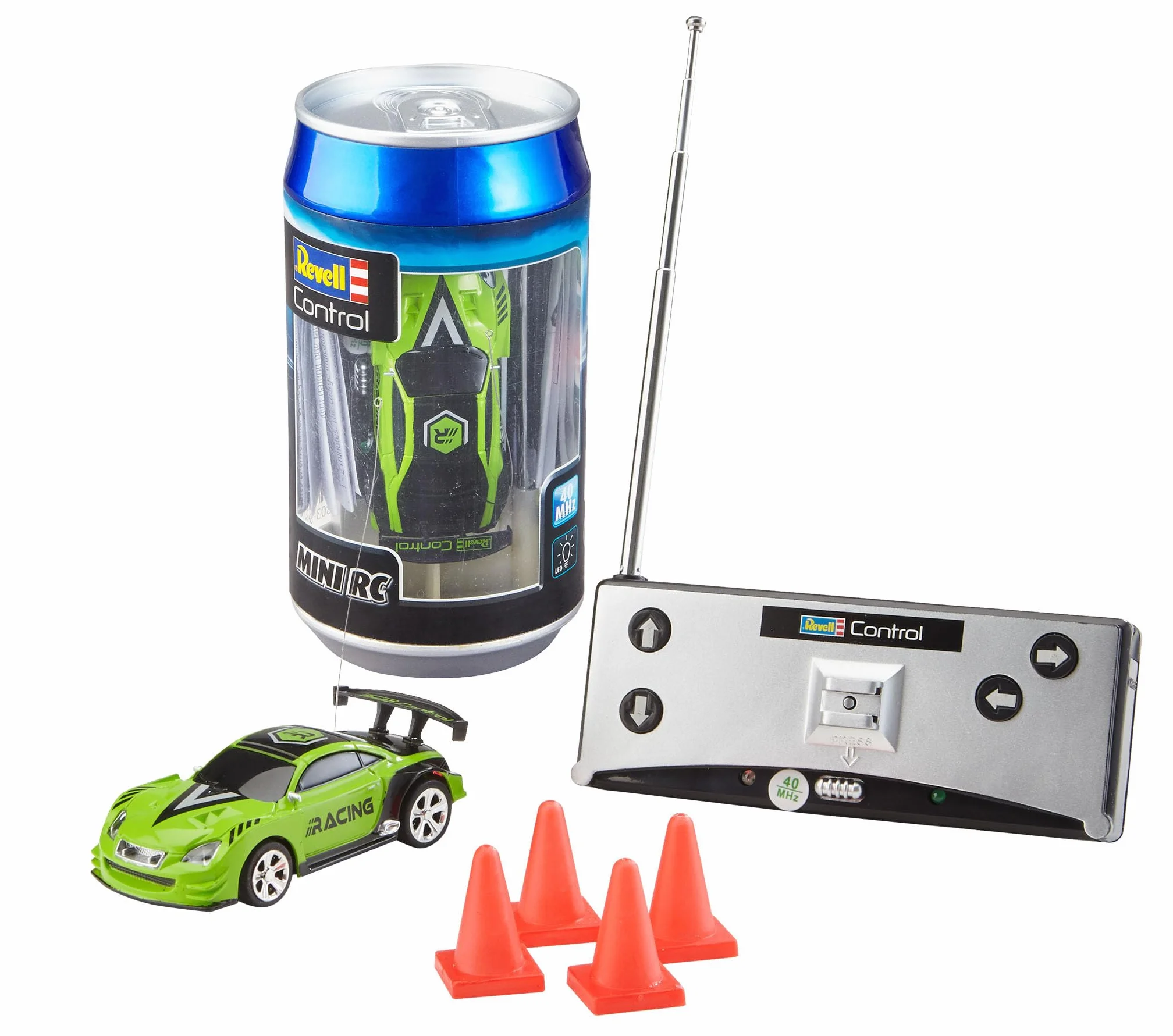 Revell Control 23560 Mini zdalnie sterowany samochód wyścigowy zielony, ze sterowaniem 40 MHz, w pojemniku na puszki, zawiera stożki drogowe, długość 8 cm